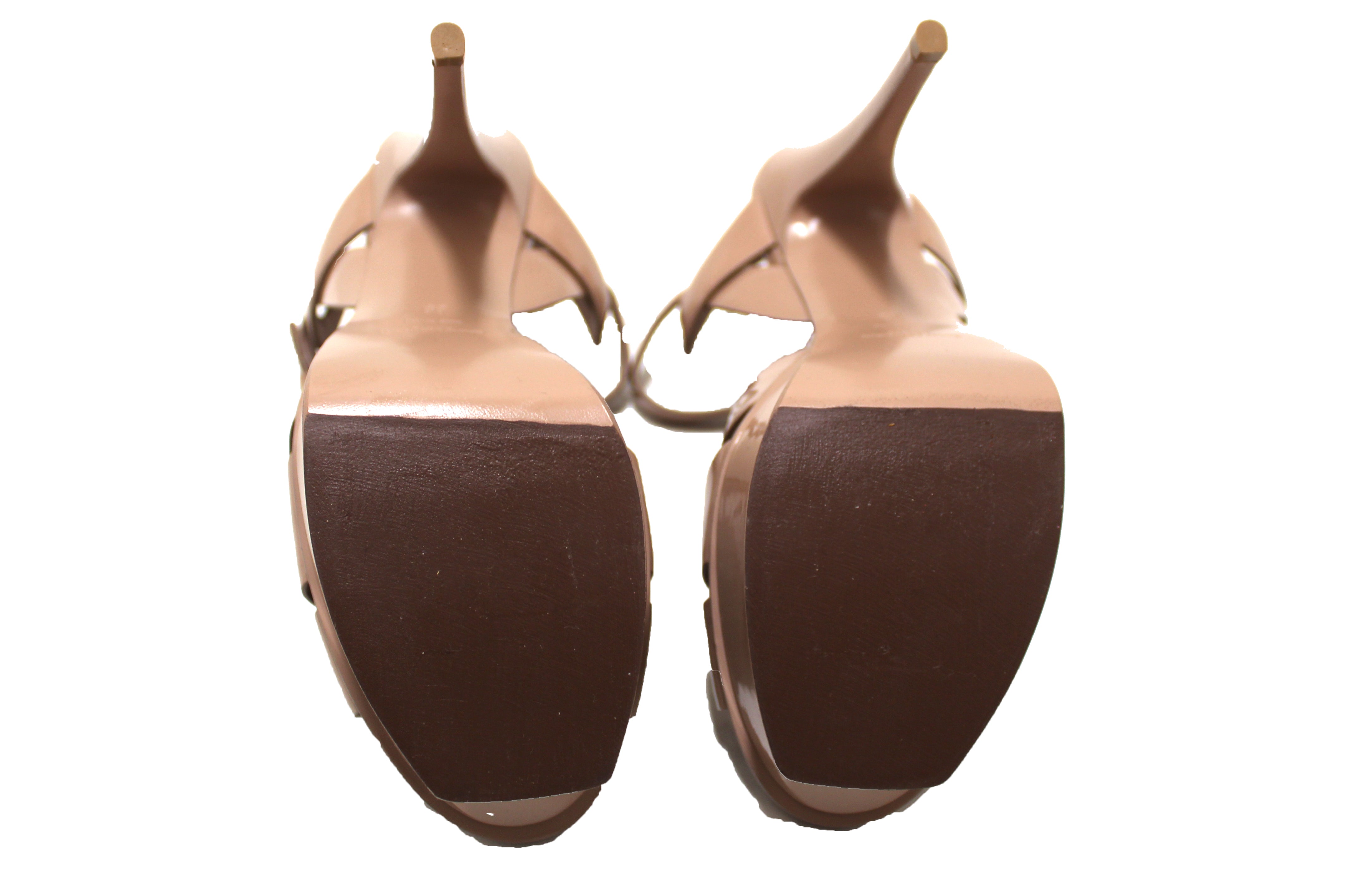 Authentic Yves Saint Laurent YSL Beige Patent Leather Tribute Platform Sandals Size 36