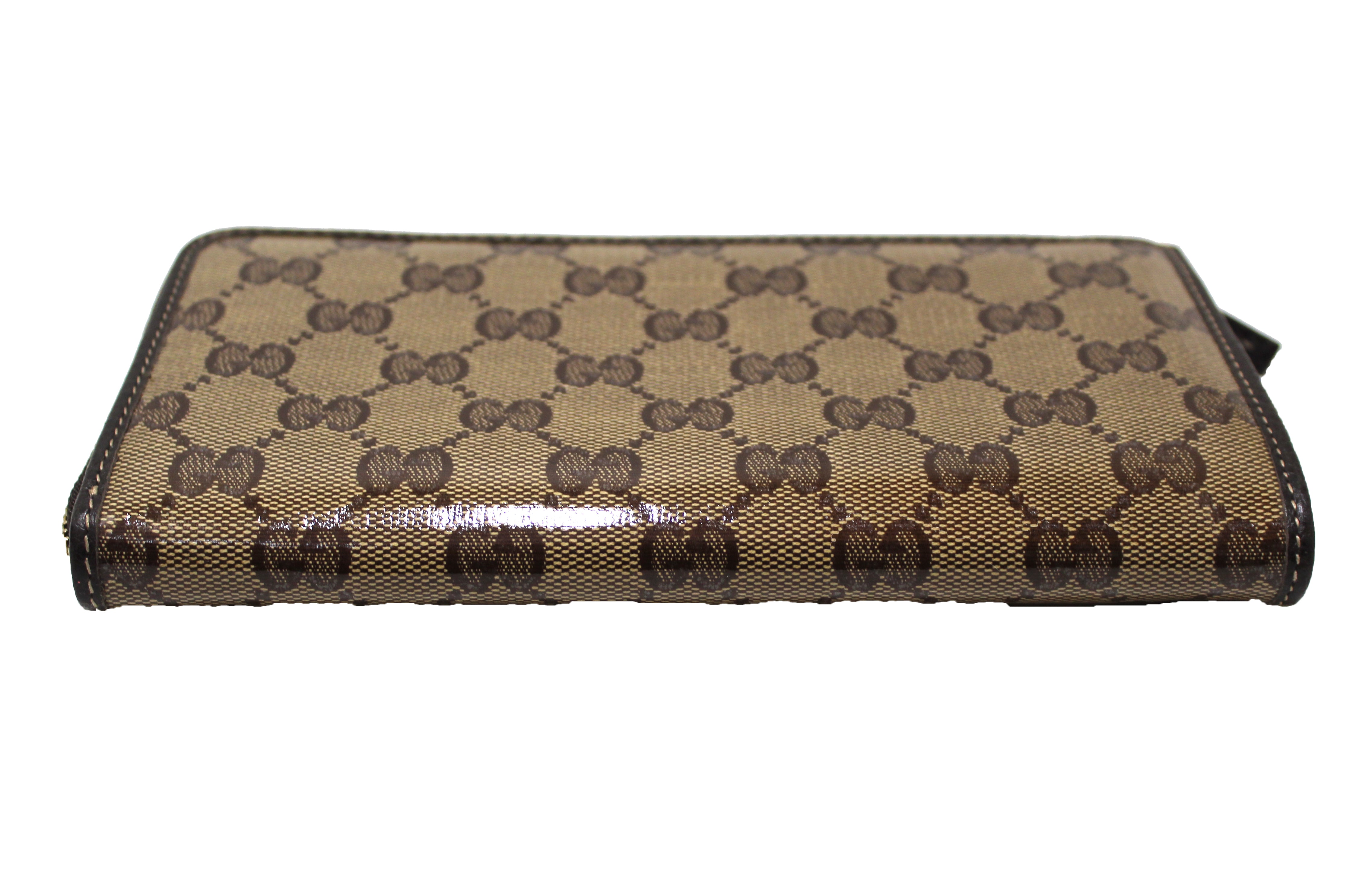 Authentic NEW Gucci Brown GG Crystal Coated Canvas Zippy Wallet