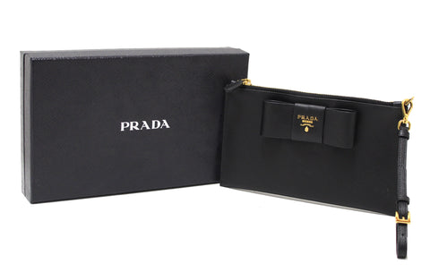 Authentic Prada Black Saffiano Leather Bow Wristlet Pouch