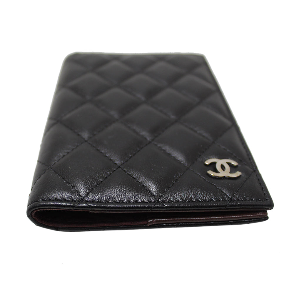 Authentic Chanel Black Lambskin Quilted Leather Passport Cover Holder