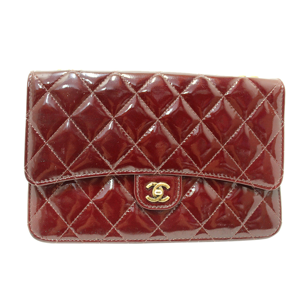 AUTH NEW CHANEL BURGUNDY WALLET ON CHAIN WOC BAG PATENT LEATHER  QUILTEDw/RECEIPT