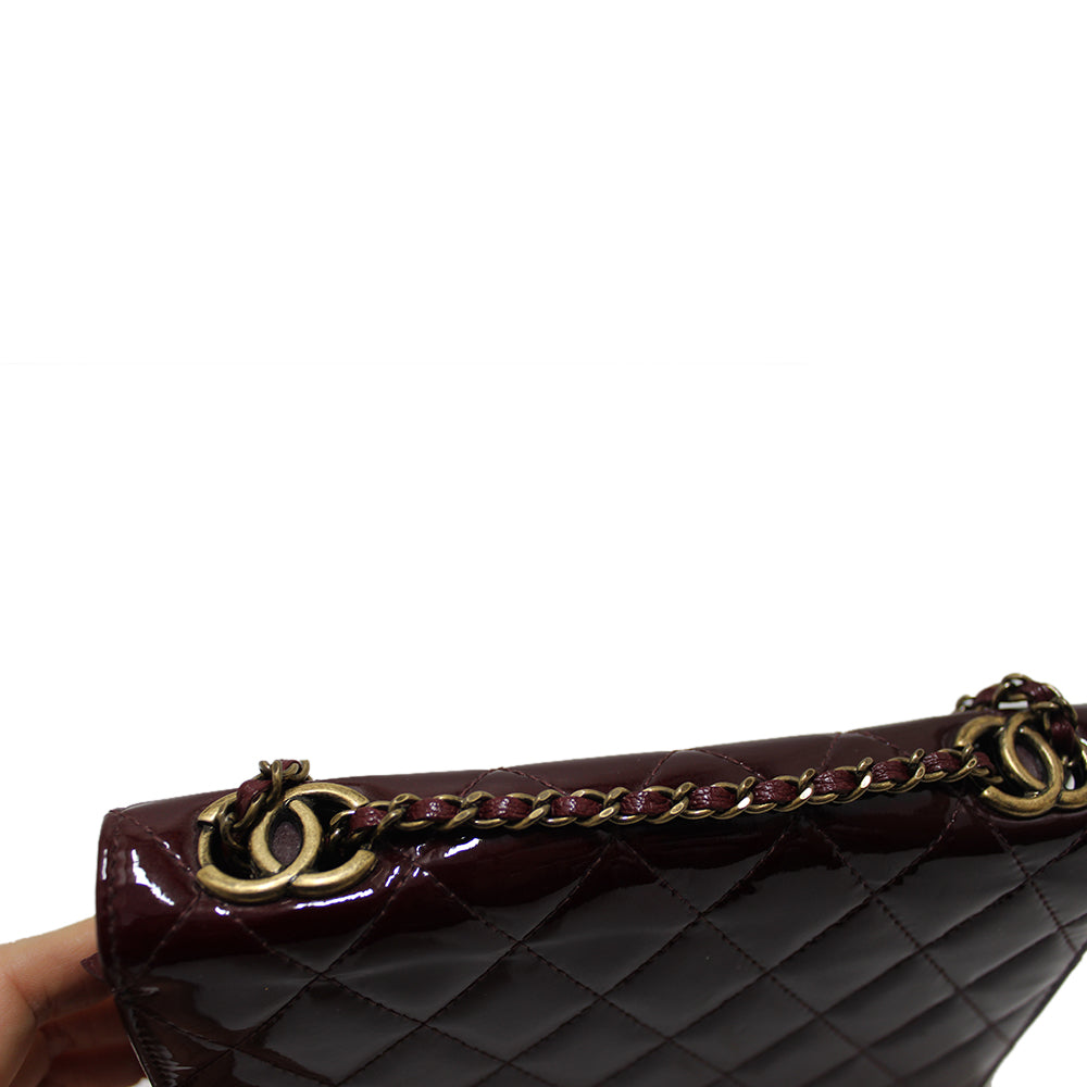 Authentic Chanel Burgundy Patent Leather Wallet on Chain WOC Messenger Bag