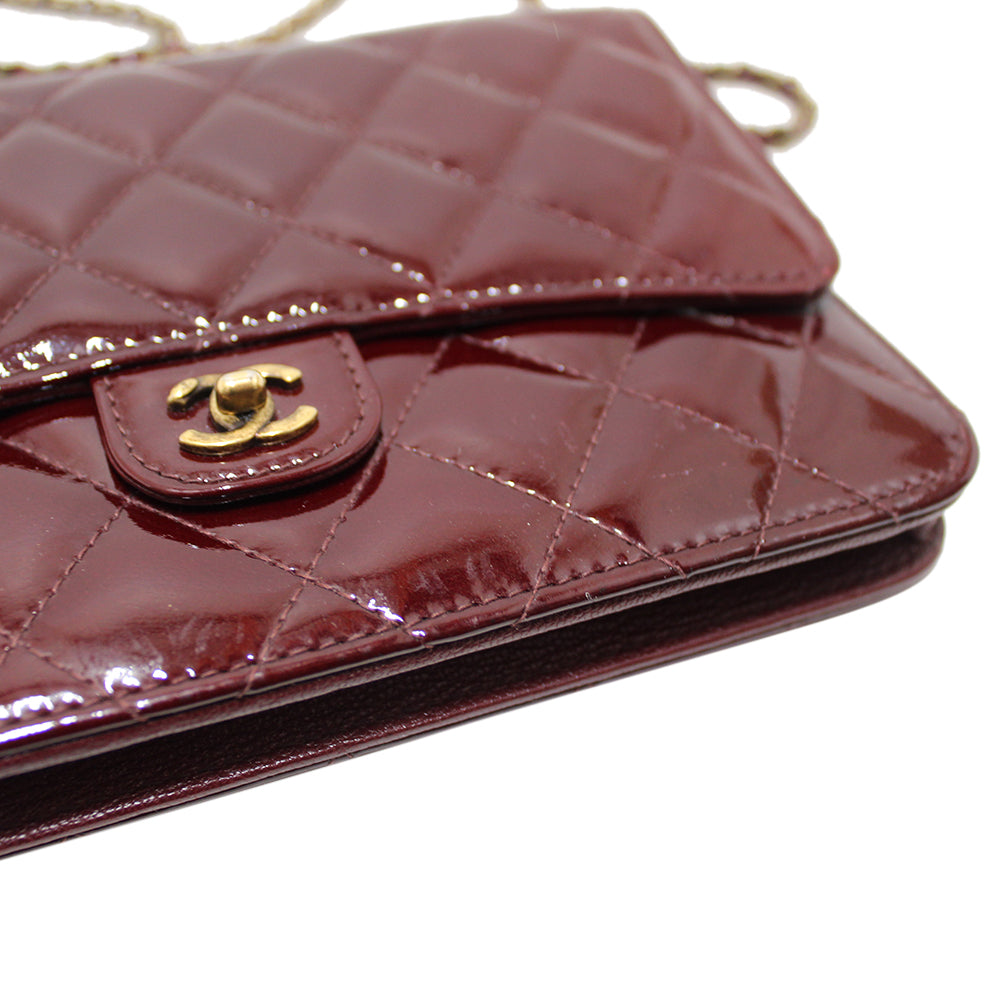 Authentic Chanel Burgundy Patent Leather Wallet on Chain WOC Messenger Bag