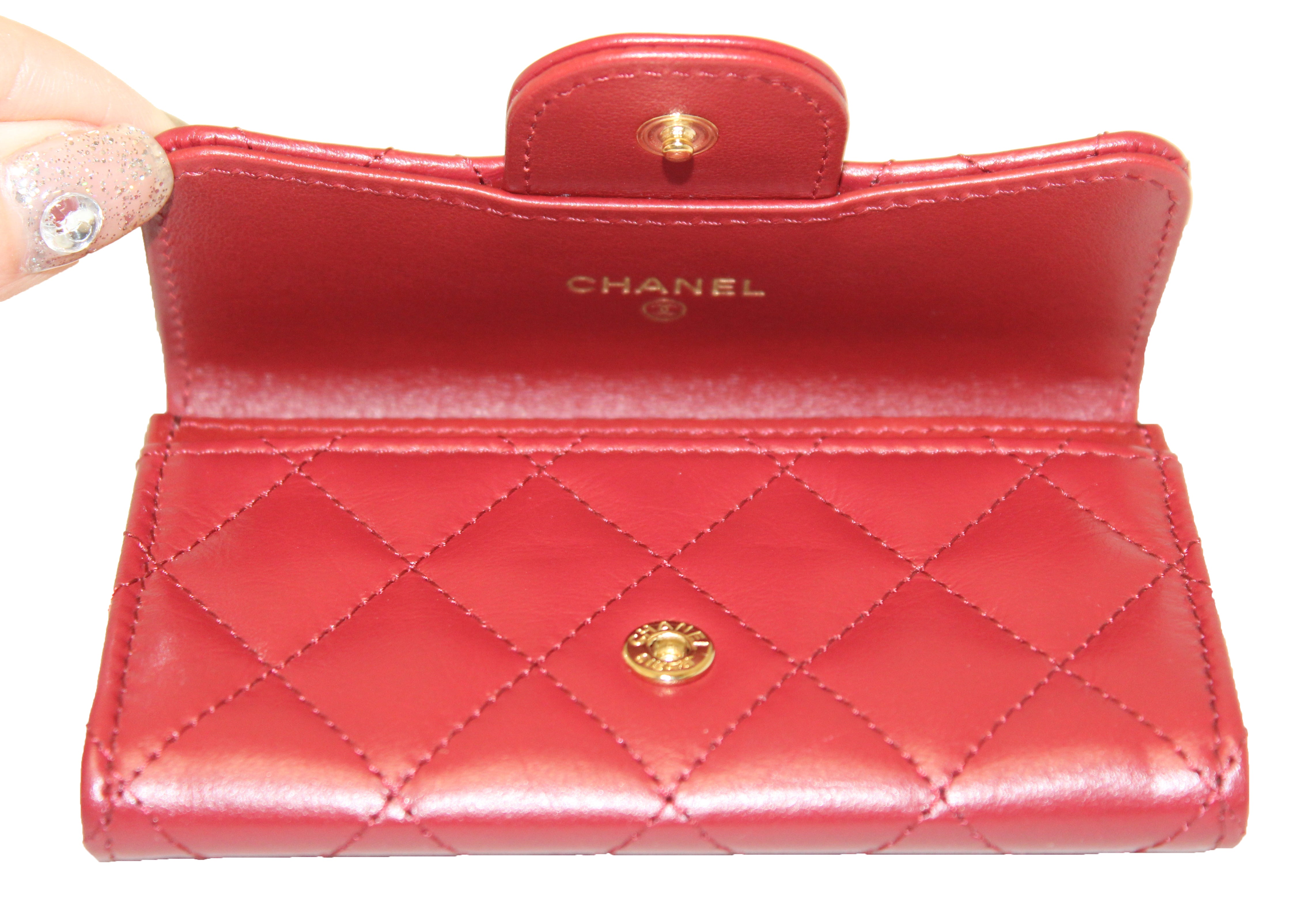 Chanel Classic Flap Card Holder on Chain Quilted Caviar Mini Red 23094629