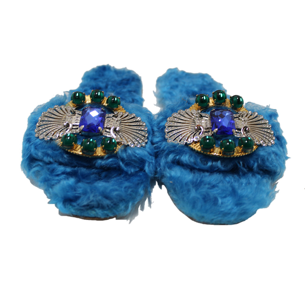 Authentic Miu Miu Teal Turquoise Blue Sherling Fur Rhinestones Flat Sandals Shoes Size 35