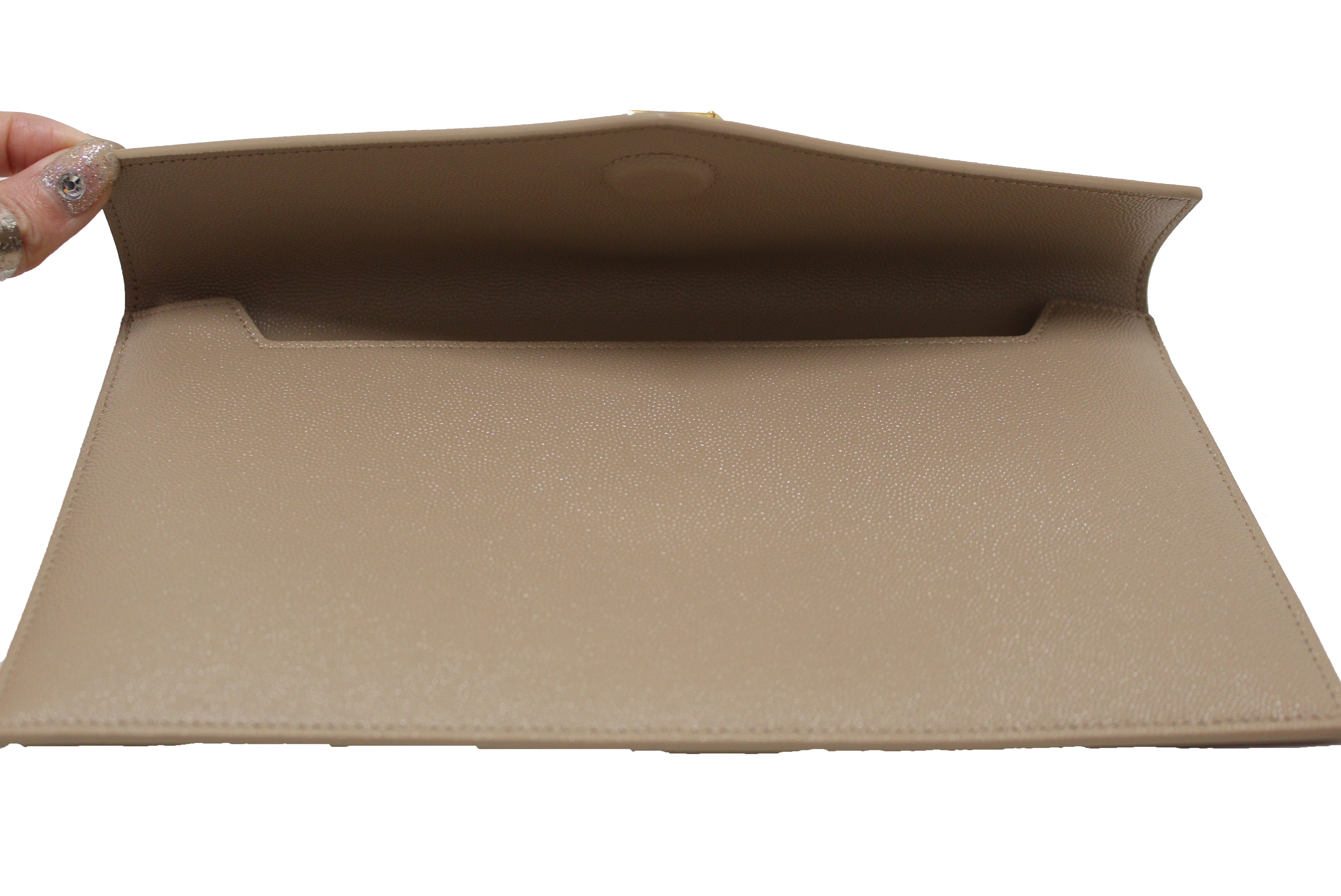 YSL uptown pouch in grain de poudre embossed leather in dark beige