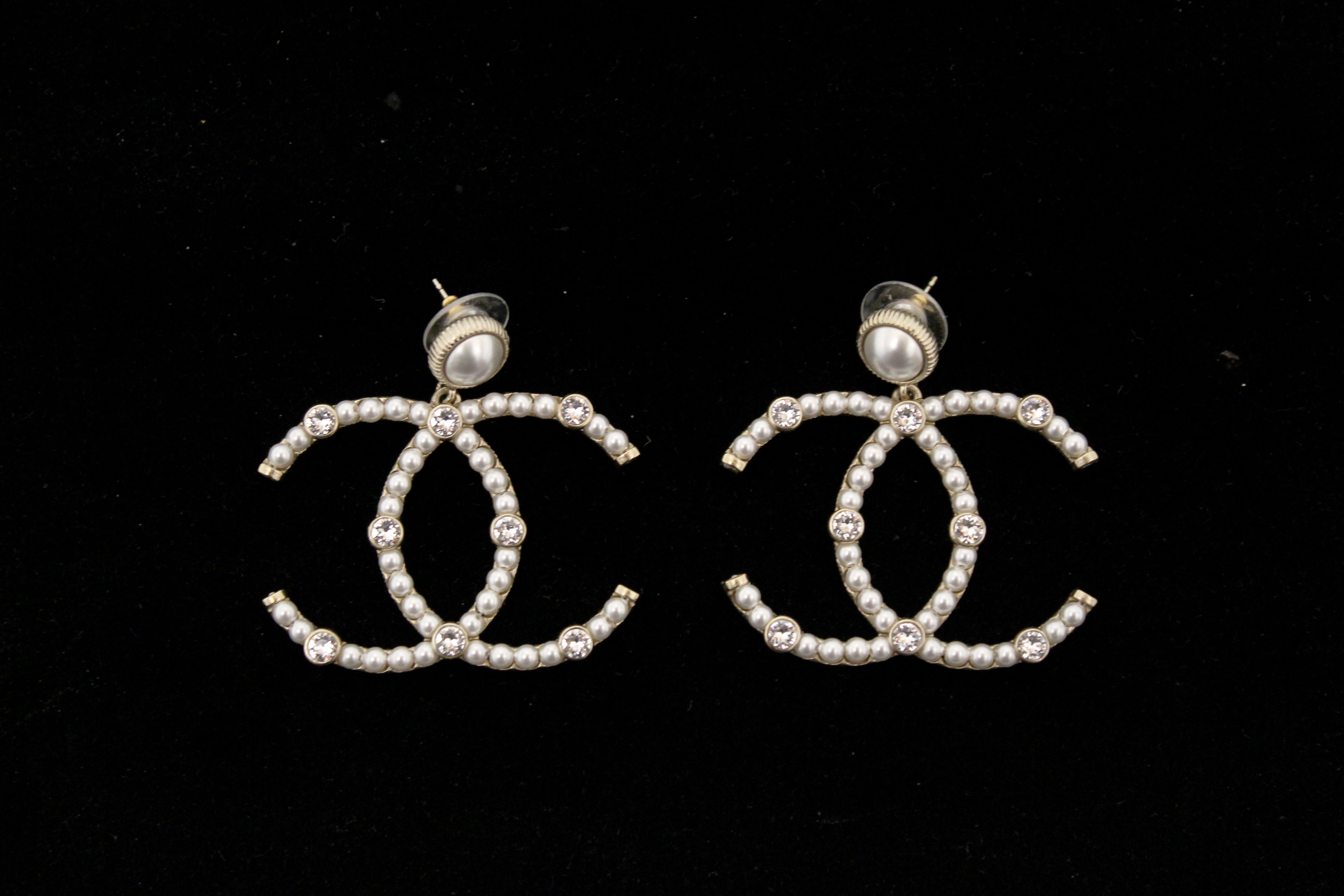 Chanel Classic Light Gold Tone Pearl CC Stud Earrings