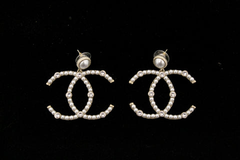 Authentic Chanel Classic CC Light Gold-Tone Pearl and Crystal Earrings