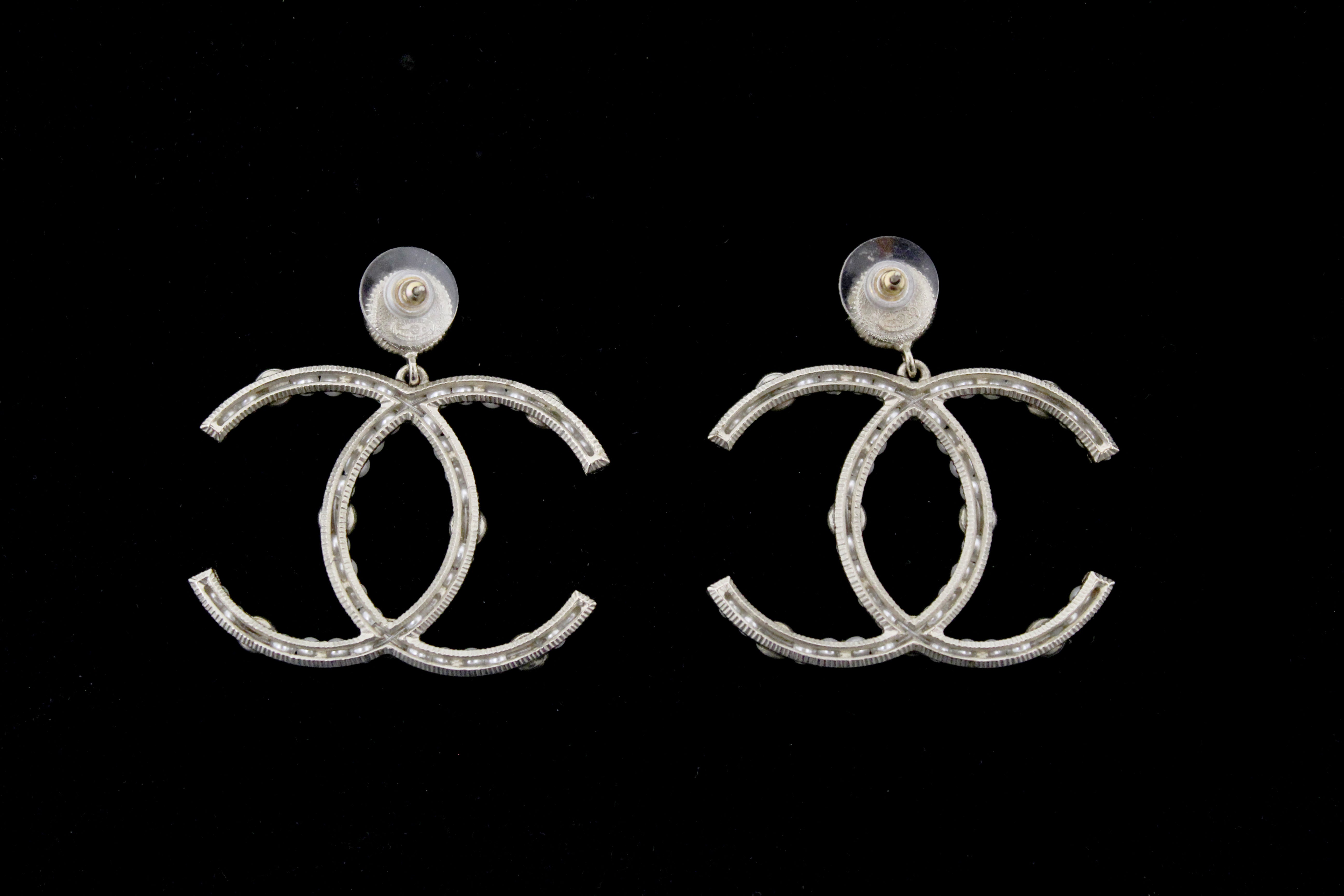 CHANEL Silver CC Mini Crystal Stud Earrings Timeless Classic
