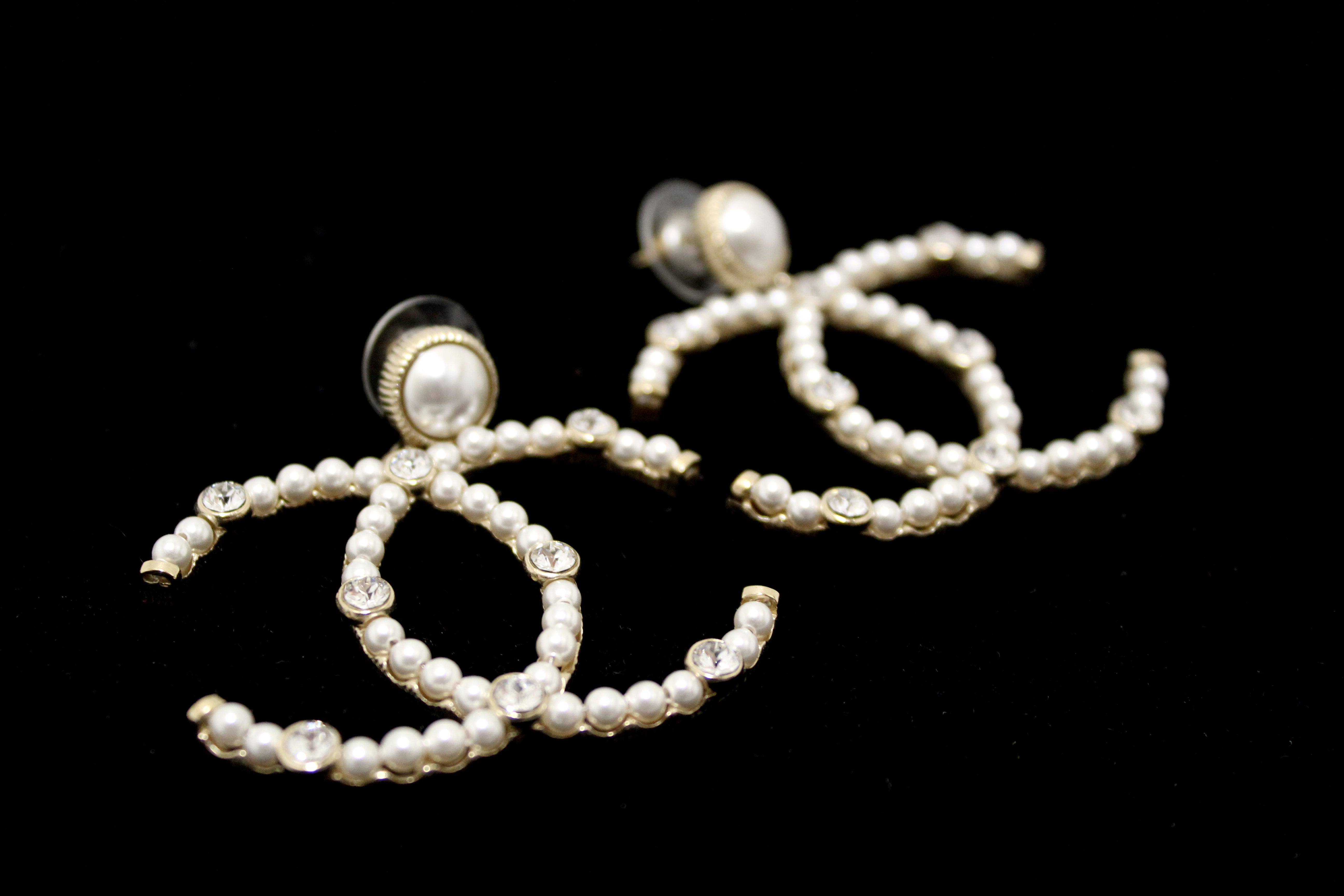 Authentic Chanel Classic CC Light Gold-Tone Pearl and Crystal Earrings –  Paris Station Shop