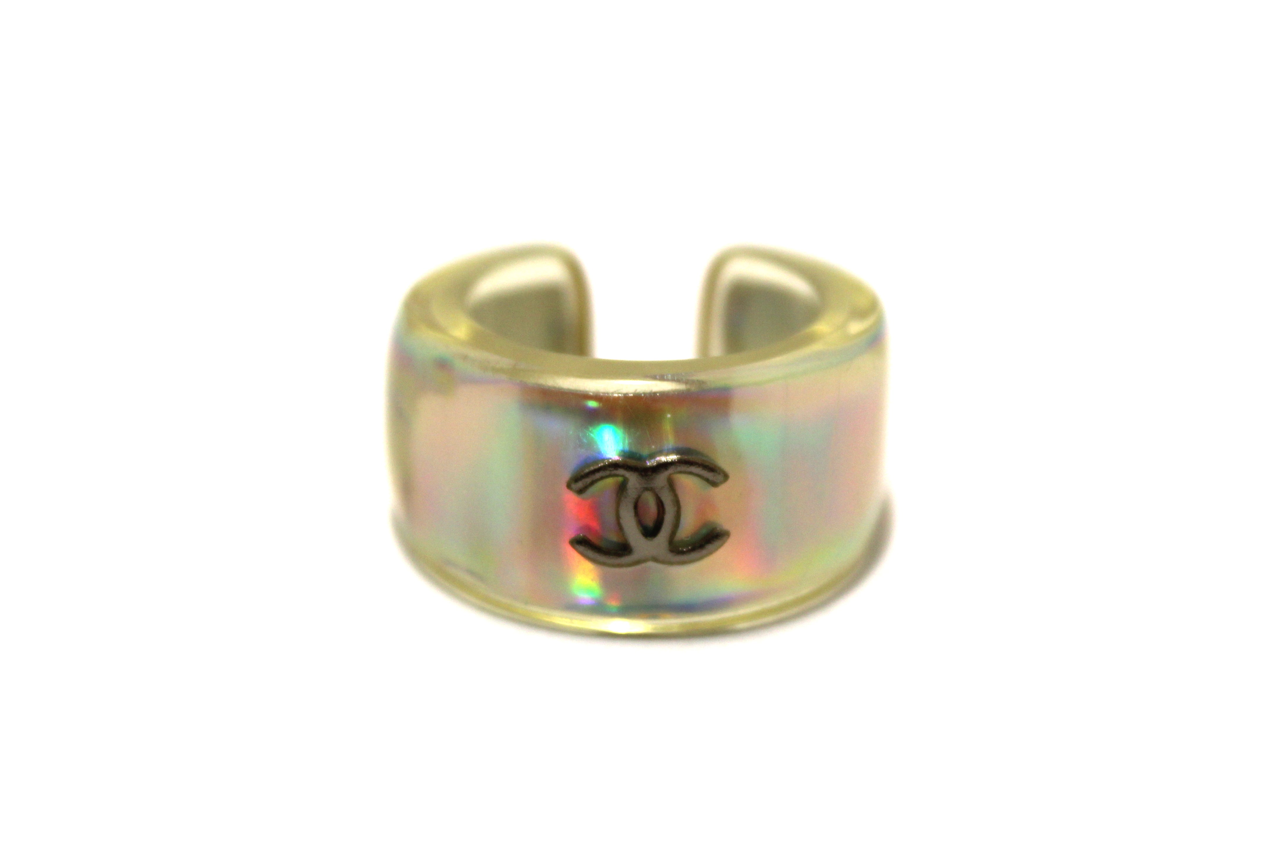Authentic Vintage Chanel Hologram Silver CC Acrylic Open Ring Size 7
