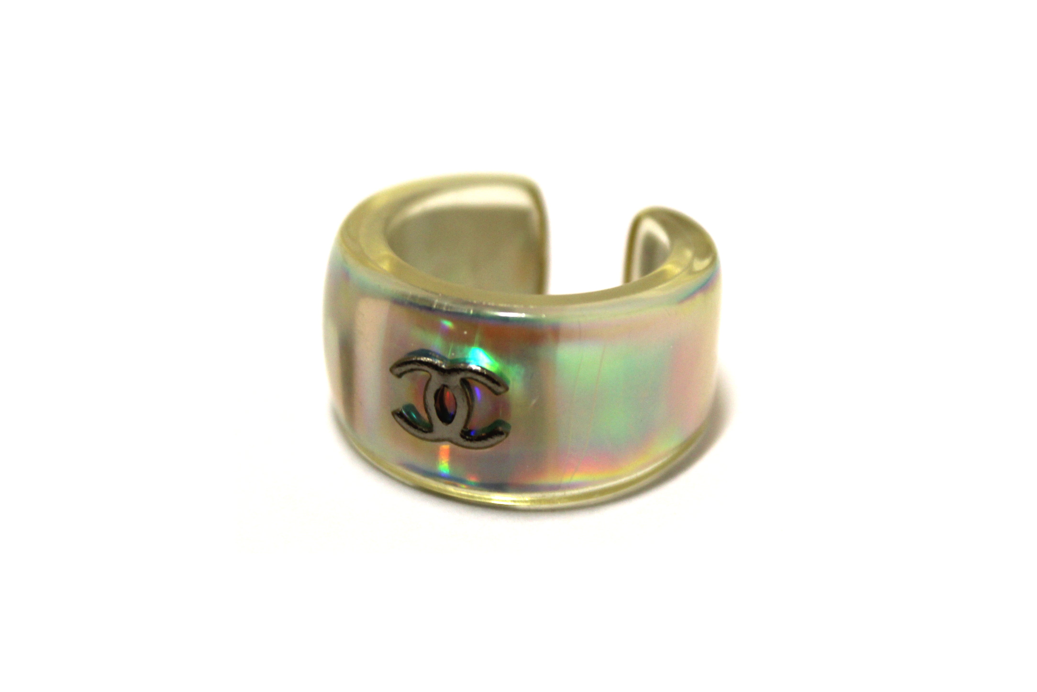 Authentic Vintage Chanel Hologram Silver CC Acrylic Open Ring Size 7