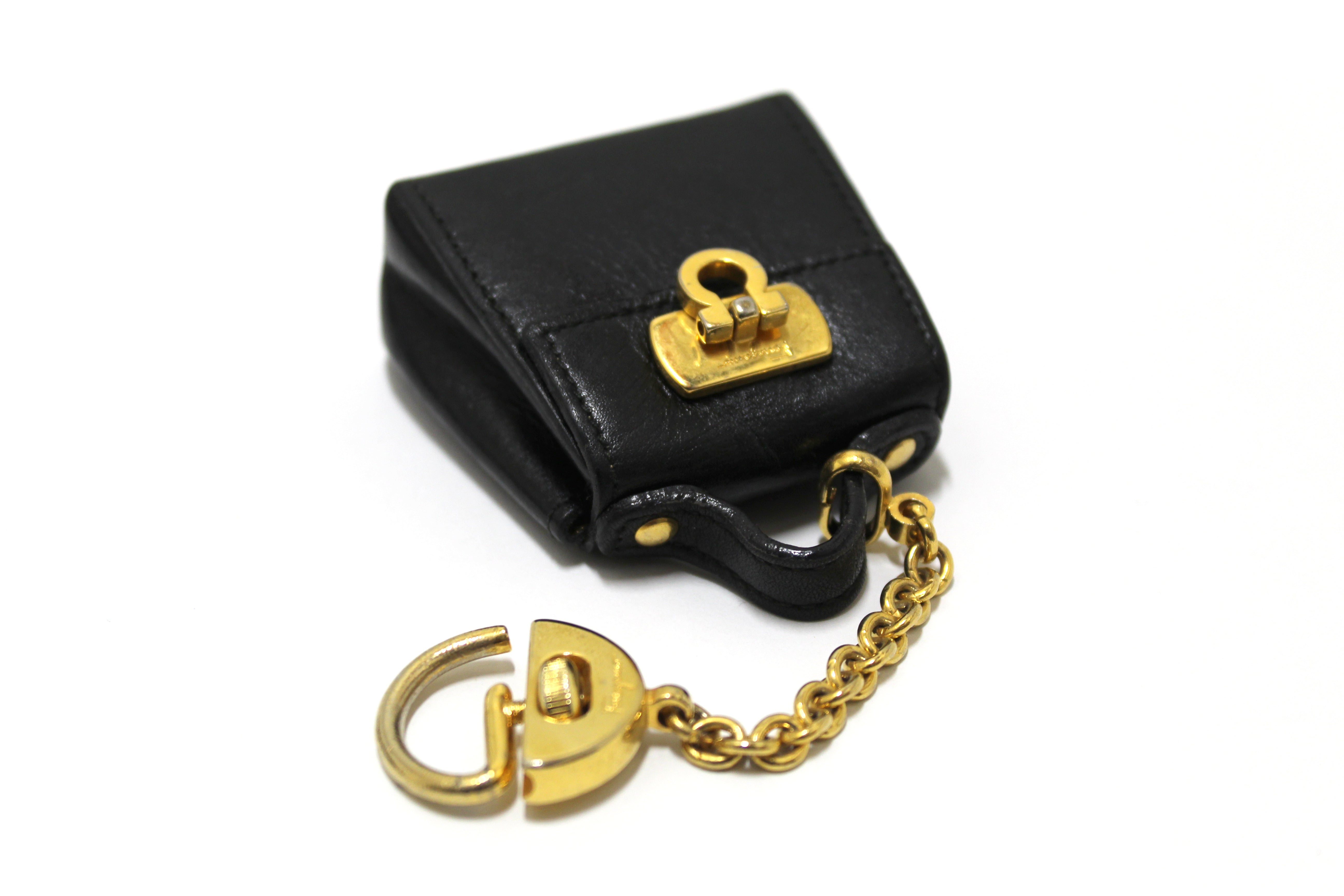 Authentic Salvatore Ferragamo Gancini Black Leather Miniature Bag Key Ring