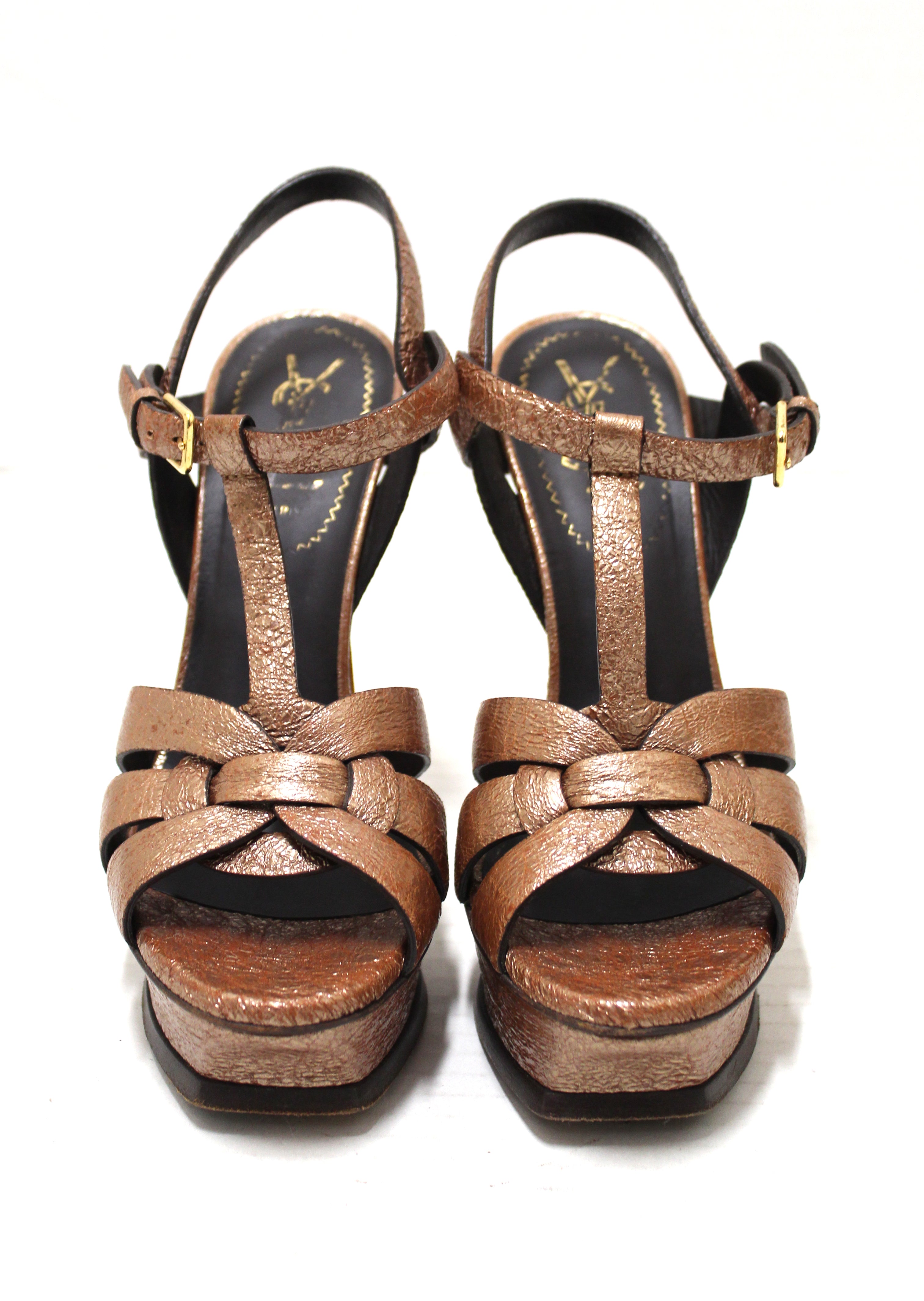Authentic Yves Saint Laurent YSL Metallic Bronze Tribute Platform Sandals Size 36