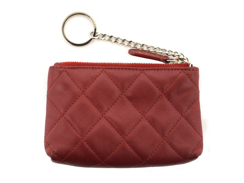 Authentic Chanel Red Quilted Lambskin Leather Classic Zipped Key Coin Purse