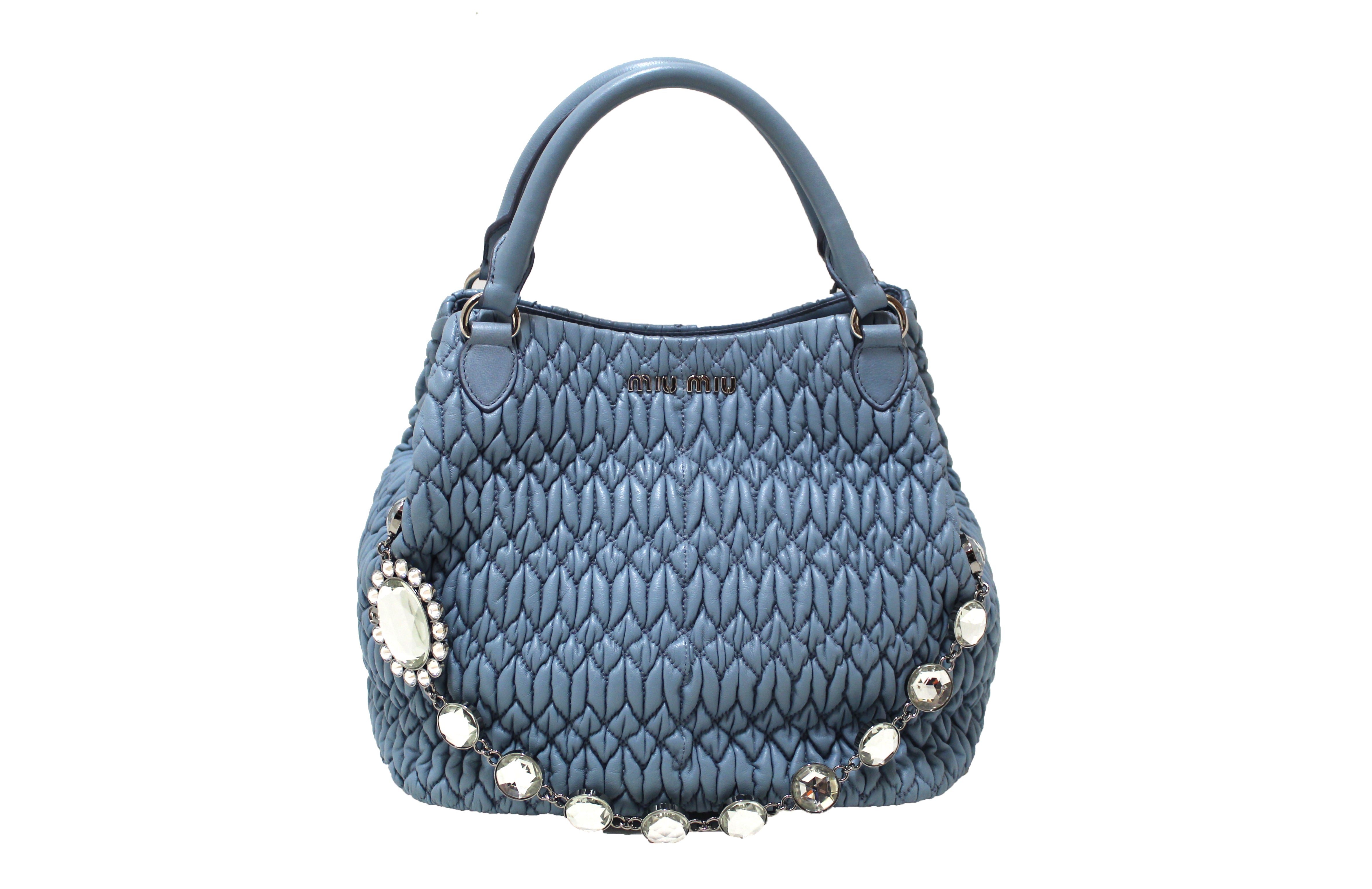 Authentic Miu Miu Crystal Blue Cloqué Nappa Leather Handbag