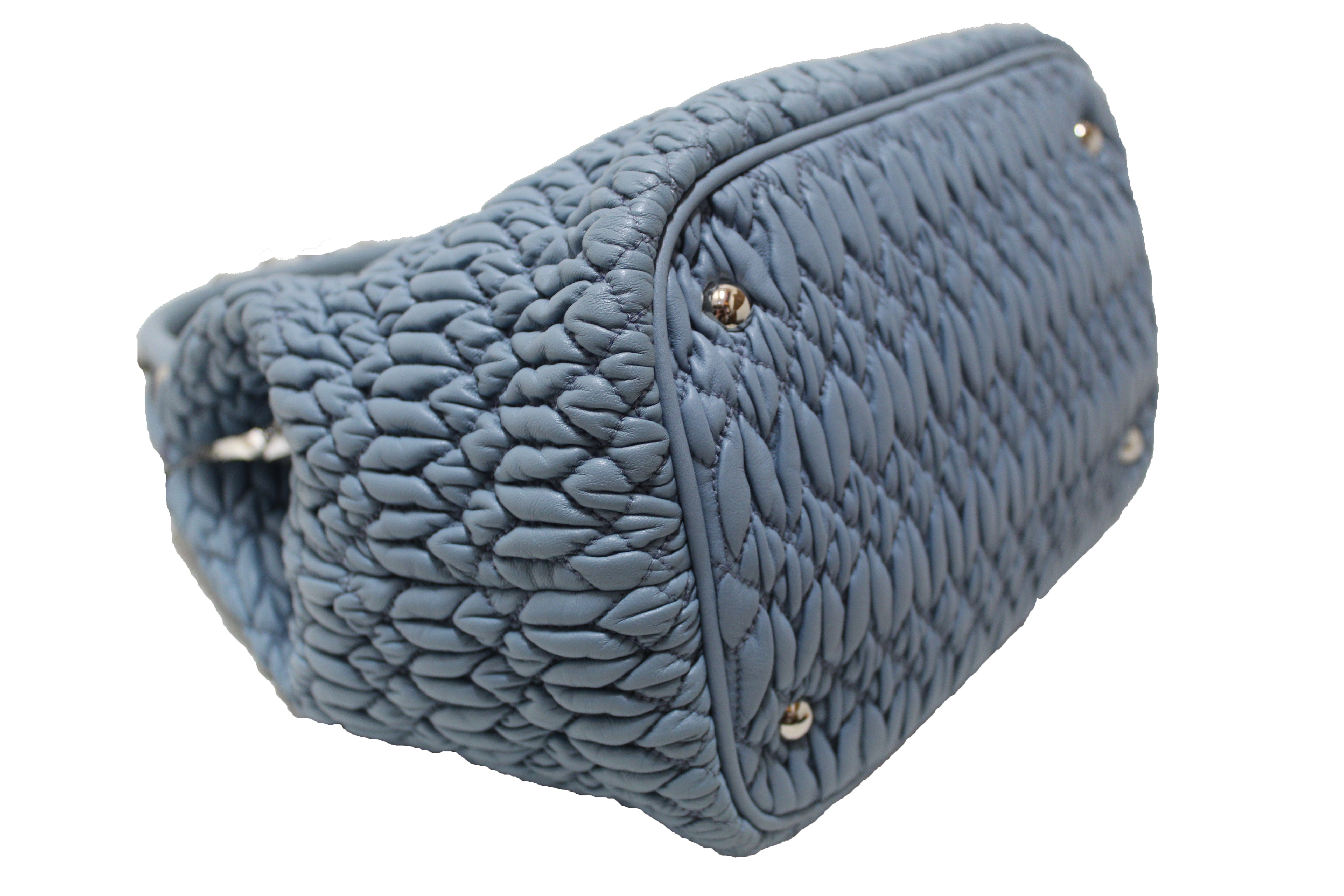 Authentic Miu Miu Crystal Blue Cloqué Nappa Leather Handbag