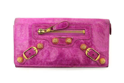 Authentic Balenciaga Magenta Pink Giant 12 Gold City Lambskin Leather Flap Wallet