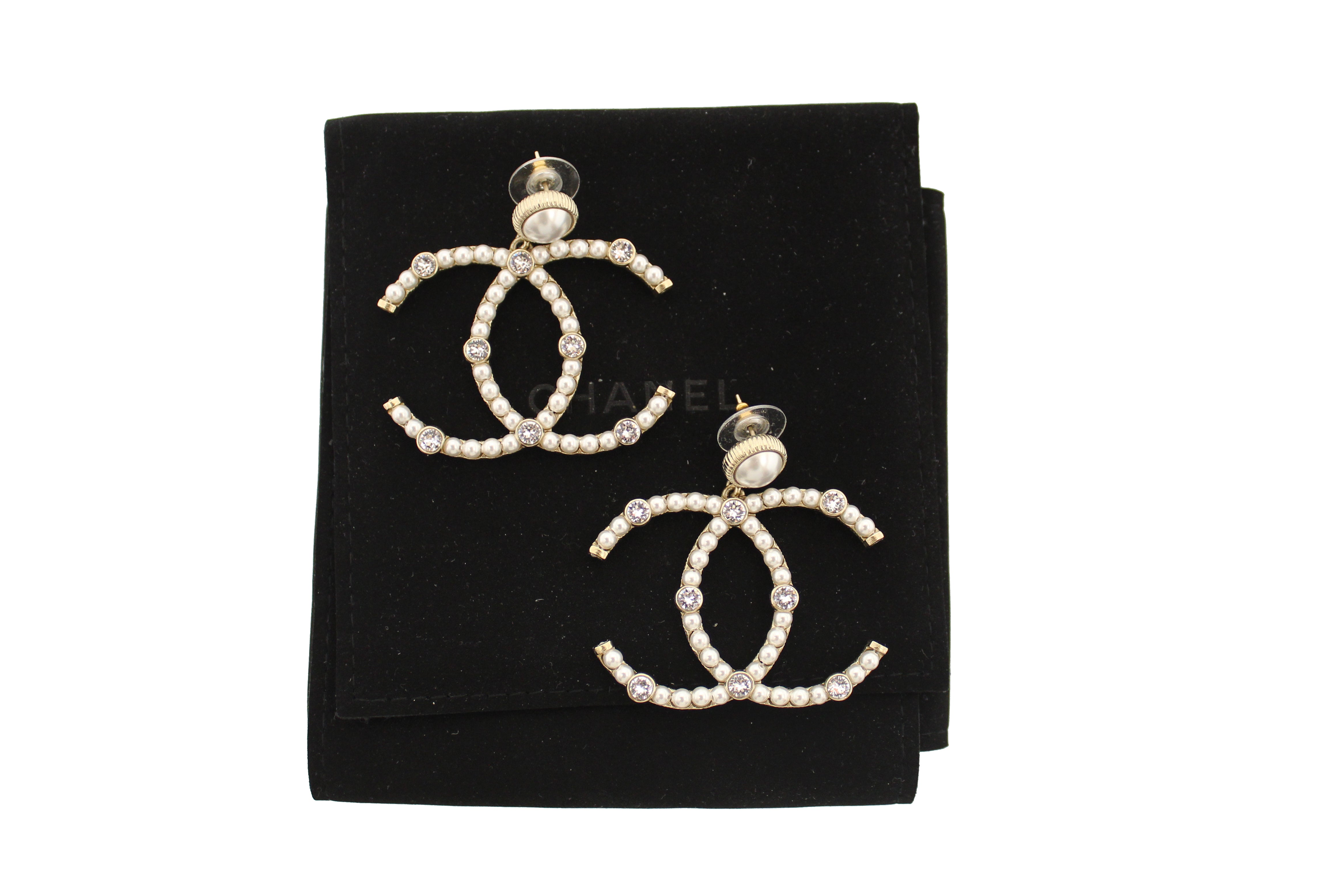 Authentic Chanel Classic CC Light Gold-Tone Pearl and Crystal Earrings –  Paris Station Shop