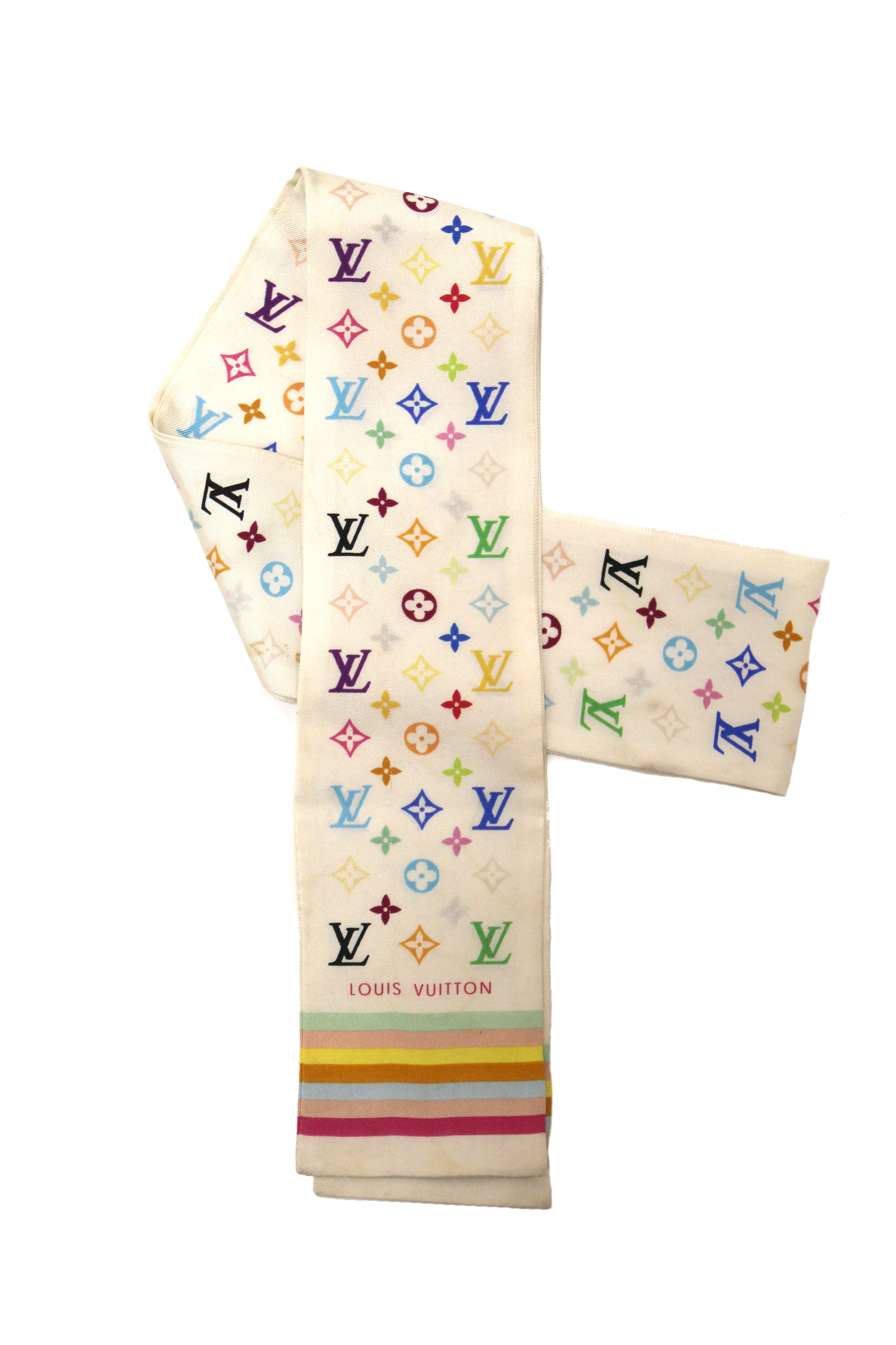 Authentic Louis Vuitton Monogram Multicolor White Twilly Bandeau Scarf