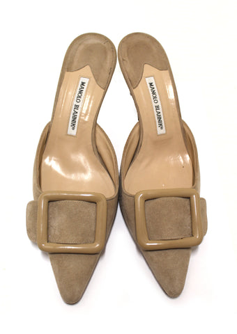 Authentic Manolo Blahnik Beige Suede Leather Maysale Mules Shoes Size 39.5