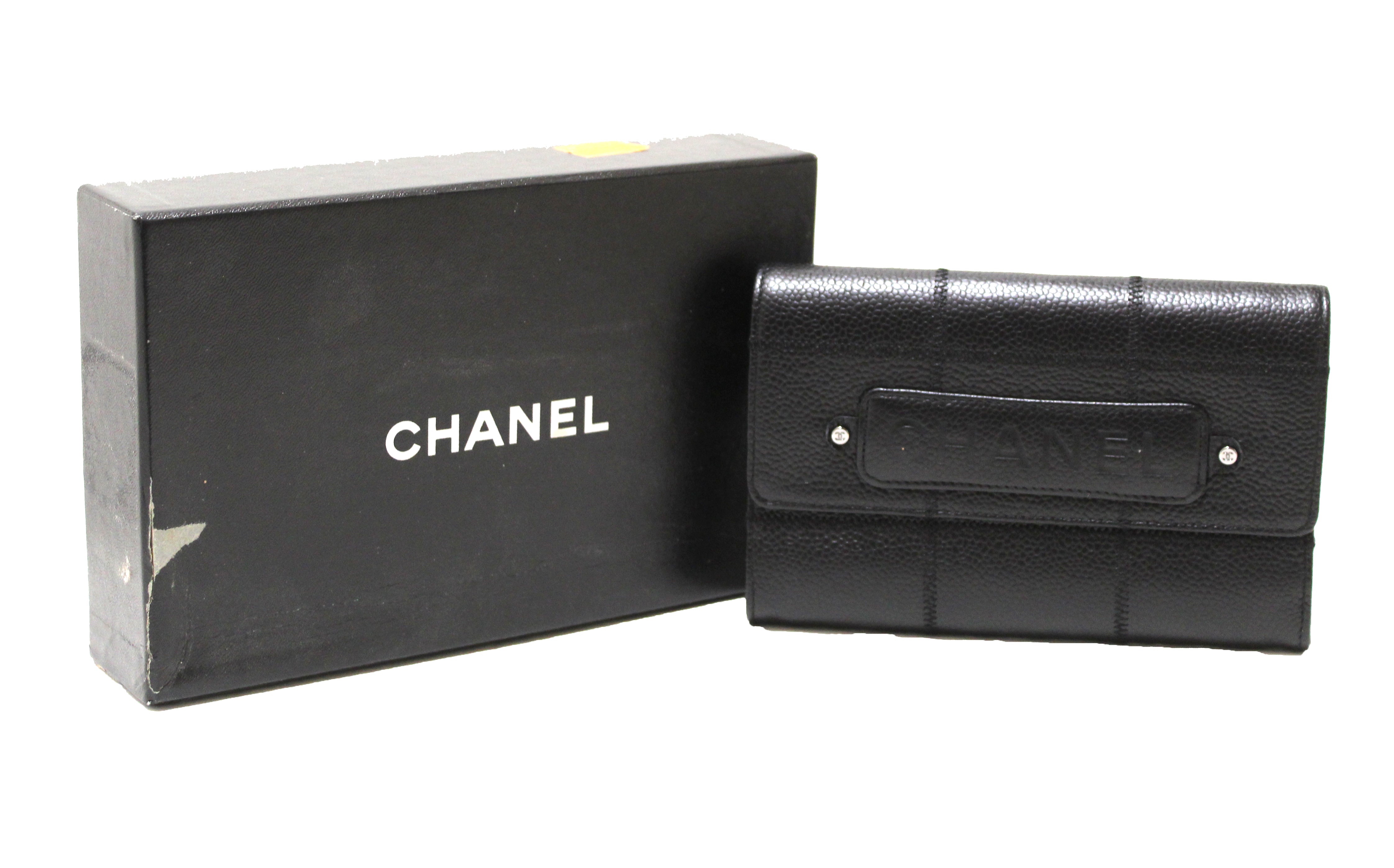 Authentic Chanel Black Caviar Leather Medium Size Flap Wallet