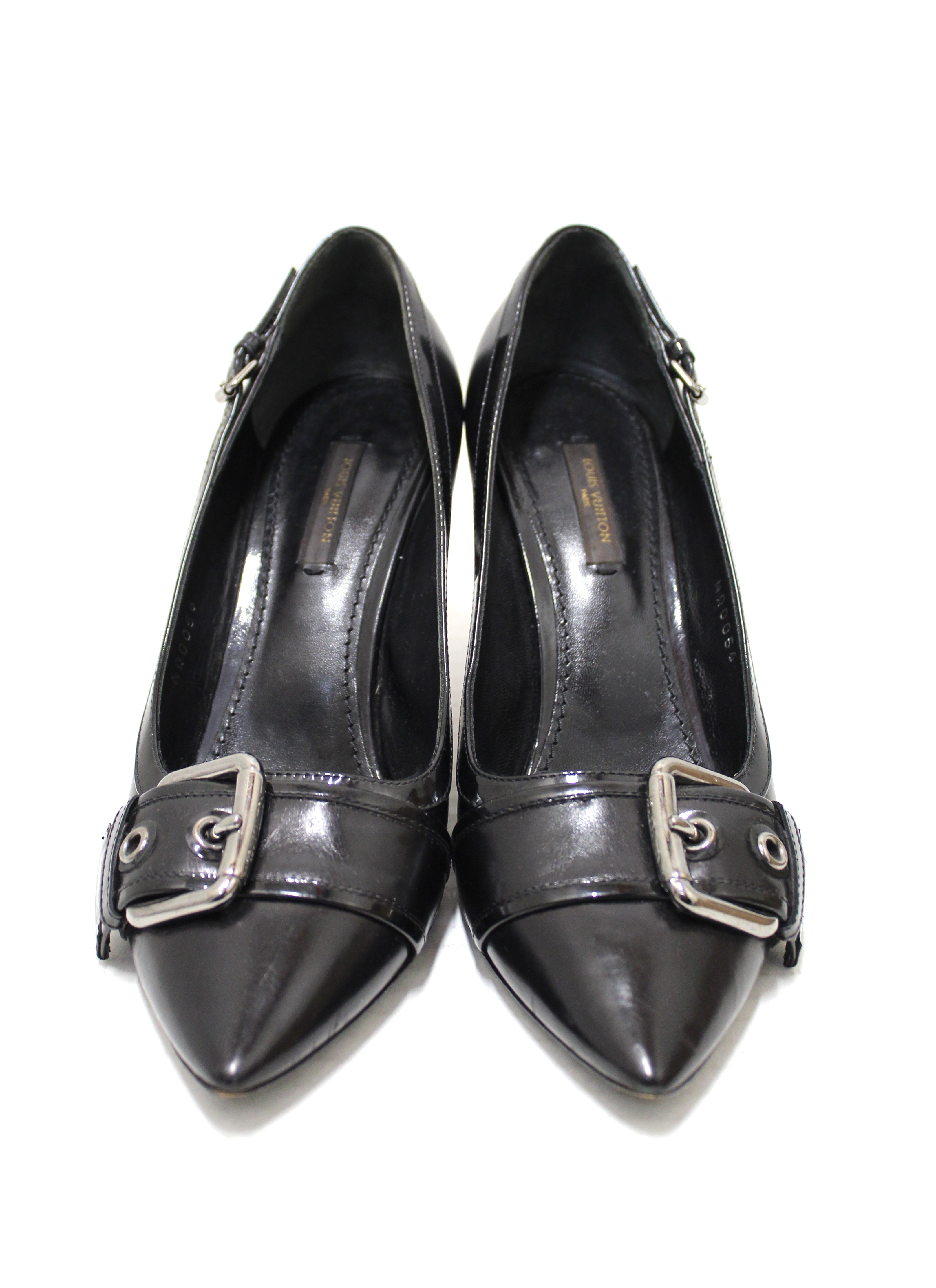 Authentic Louis Vuitton Black Leather with Silver  Buckle Pointed Toe Pumps Size 37