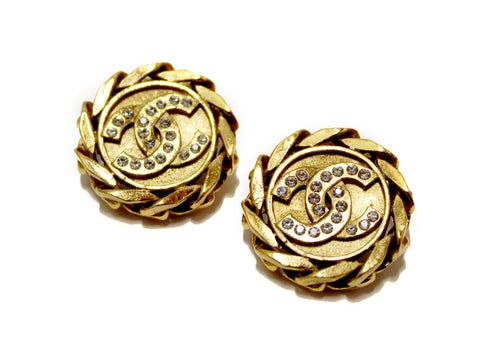 Authentic Chanel Vintage Gold Plated Classic CC Rhinestones Clip On Earrings