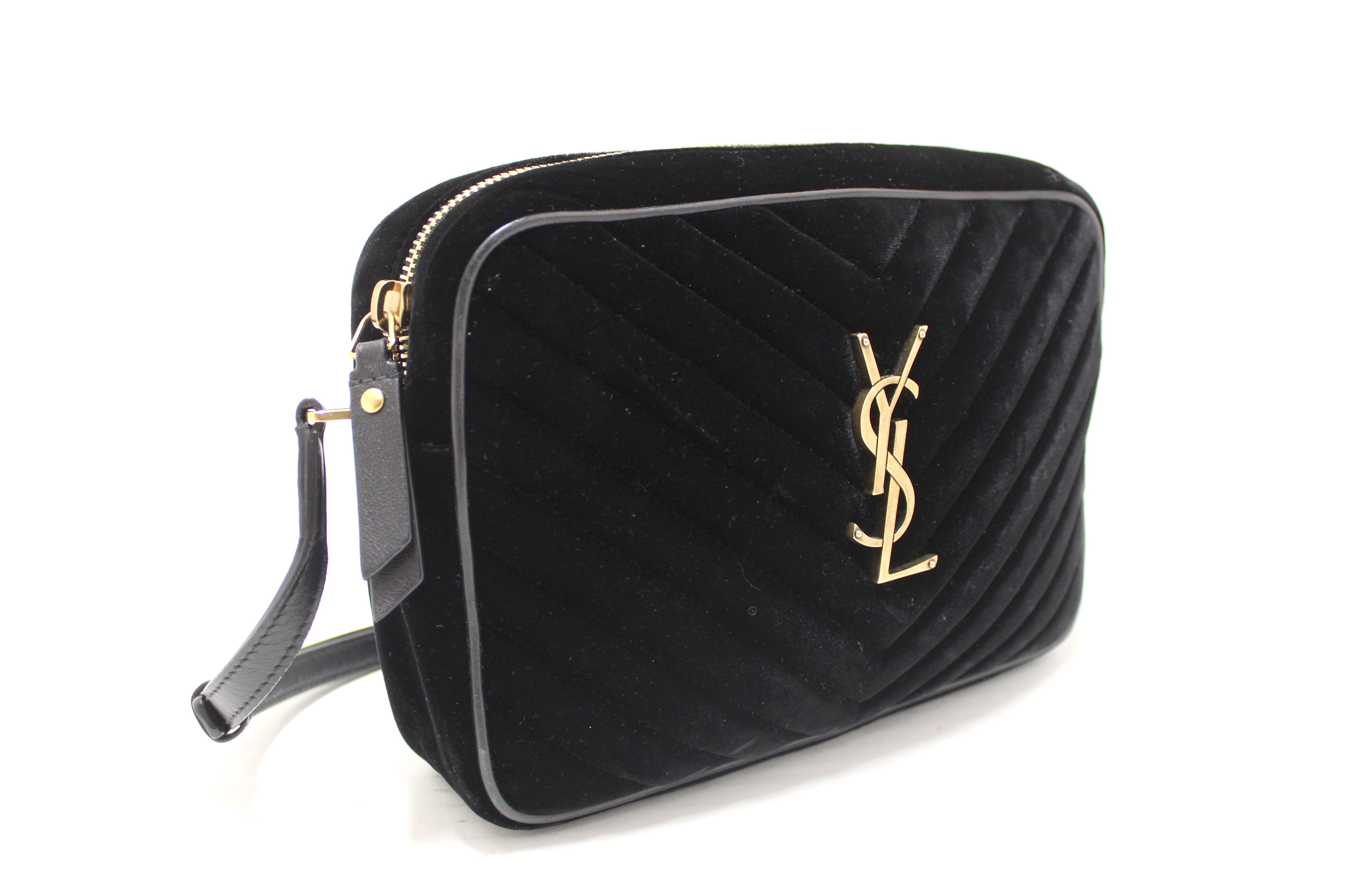 Authentic YSL Yves Saint Laurent Black Velvet Leather Lou Camera Messenger Bag