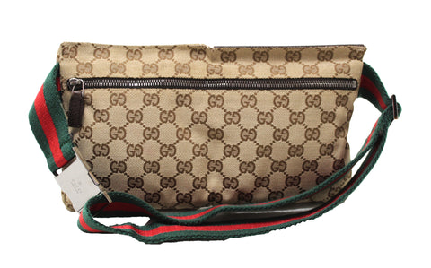 Authentic Gucci Beige GG Supreme Web Strap Double Pocket Waist Bag