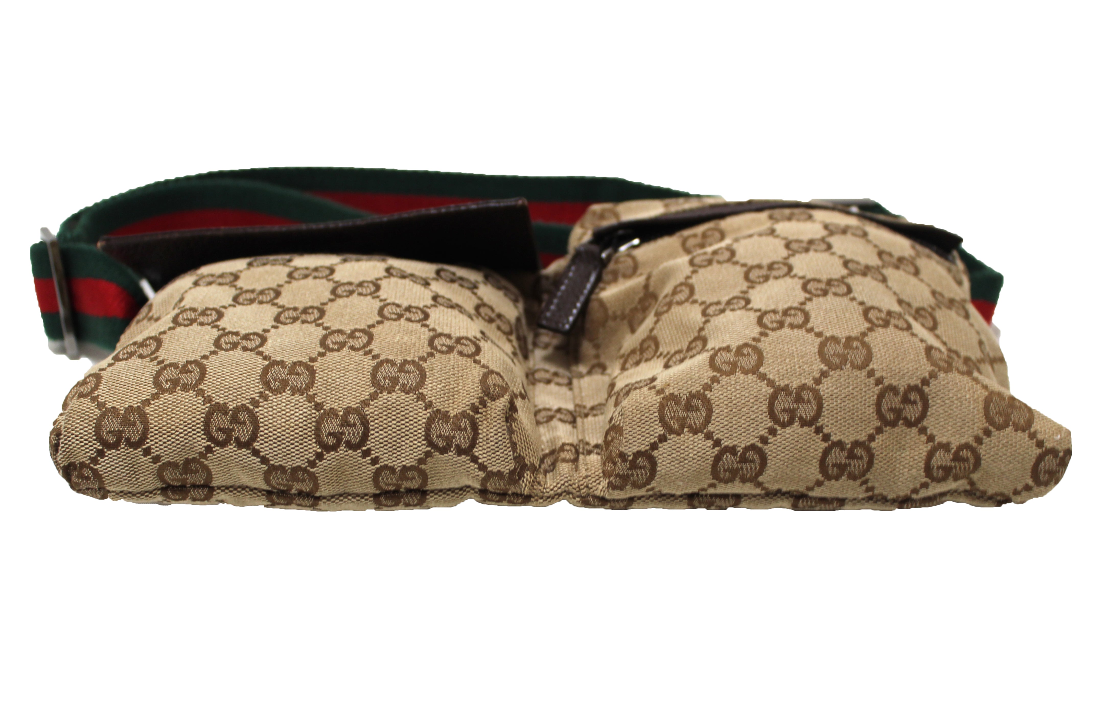 Authentic Gucci Beige GG Supreme Web Strap Double Pocket Waist Bag