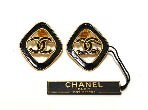 Authentic Chanel Vintage Gold Plated Black Enamel CC Diamond Shape Clip On Earrings