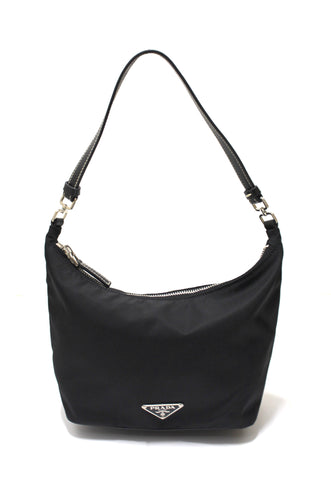 Authentic Prada Black Tessuto Soft Calf Leather And Nylon Mini Hobo Shoulder Bag