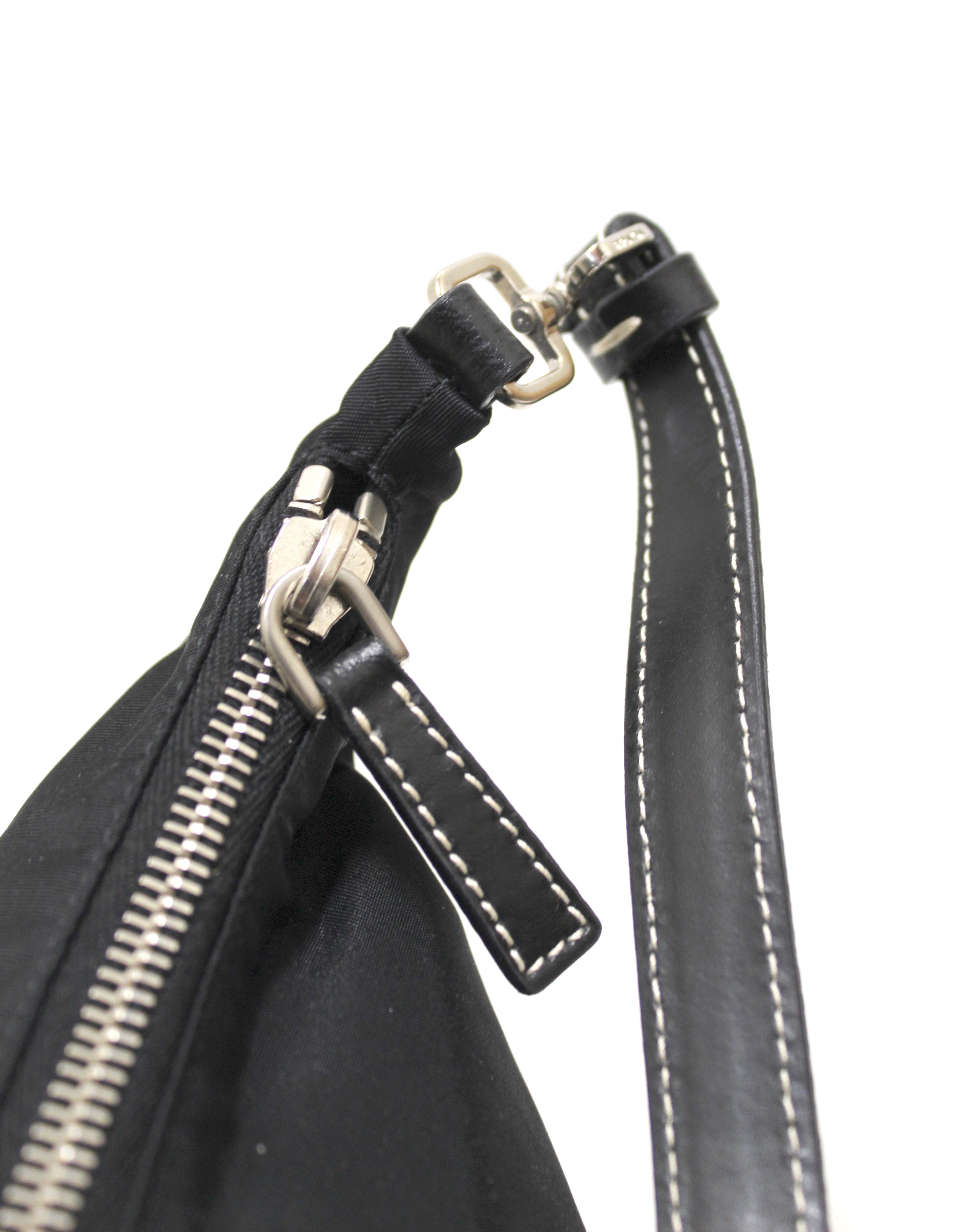 Authentic Prada Black Tessuto Soft Calf Leather And Nylon Mini Hobo Shoulder Bag
