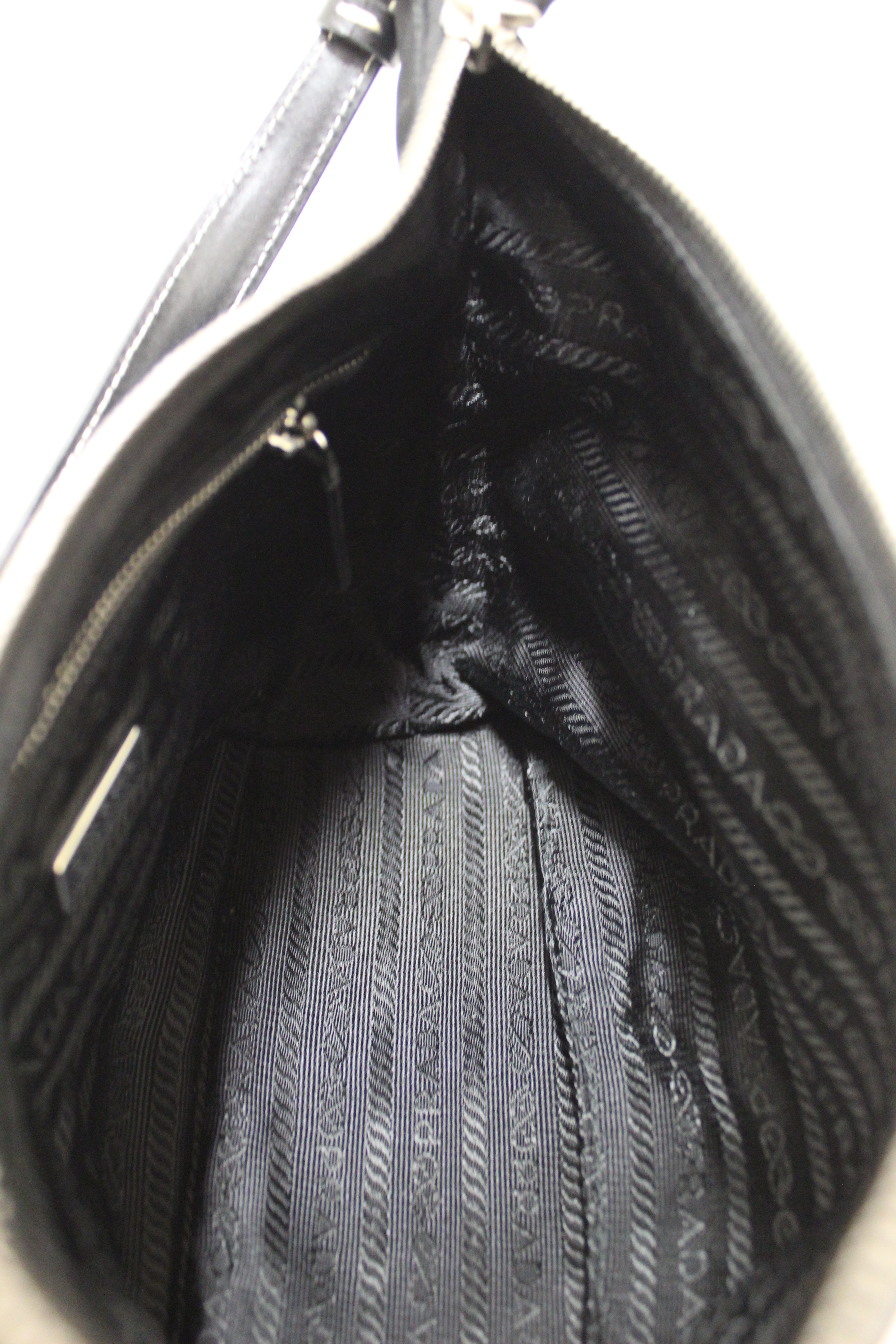 Authentic Prada Black Tessuto Soft Calf Leather And Nylon Mini Hobo Shoulder Bag