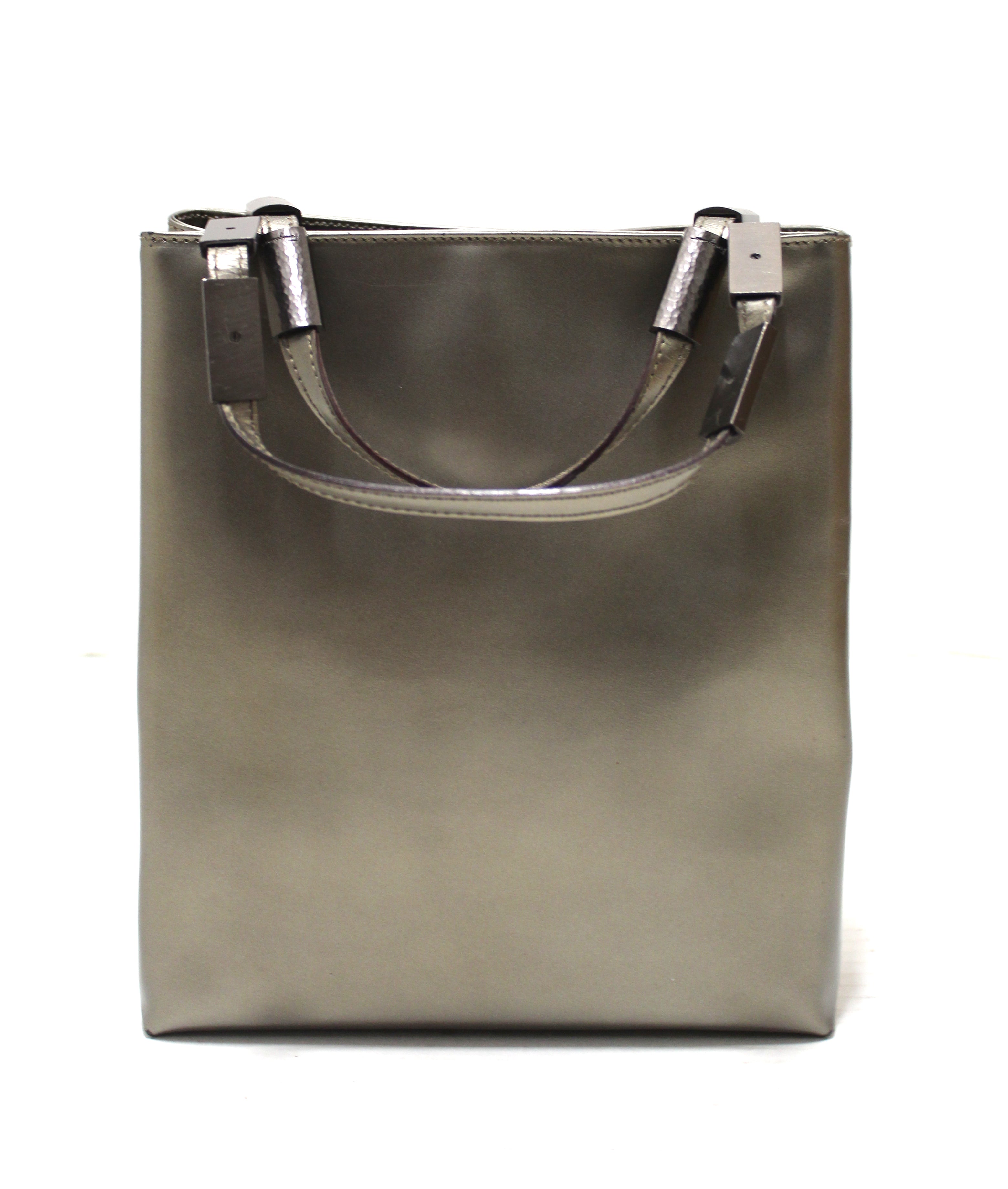 Authentic Salvatore Ferragamo Sage Green Shiny Leather Small Tote Bag