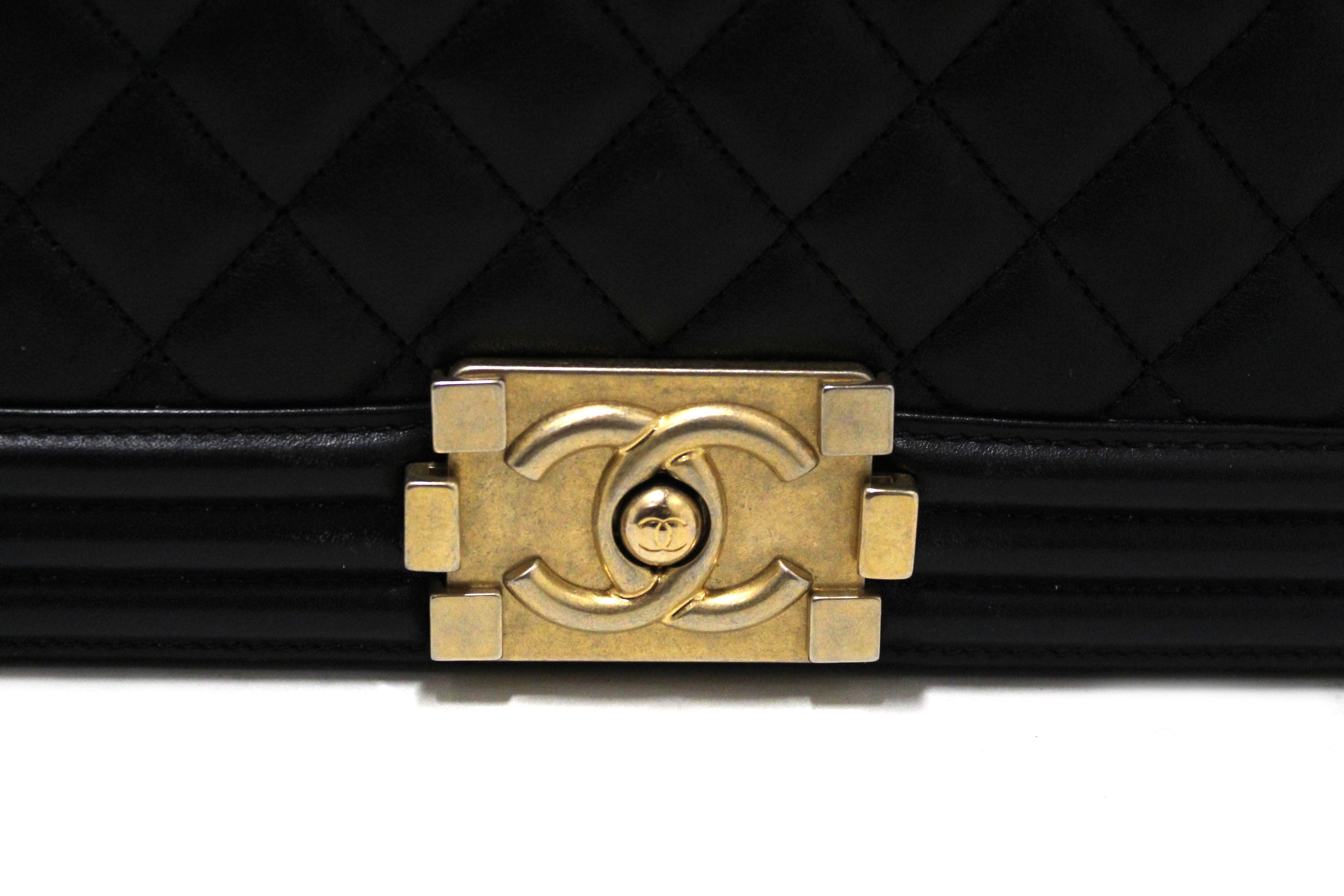 Authentic Chanel Black Quilted Lambskin Leather Medium Boy Shoulder Bag