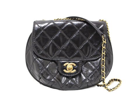 Authentic Chanel Black Aged Calfskin Quilted Mini Haft Moon Bag