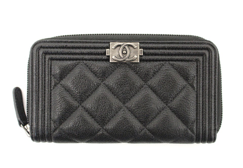 Authentic NEW Chanel Black Quilted Caviar Leather Boy Small Zip Around Wallet