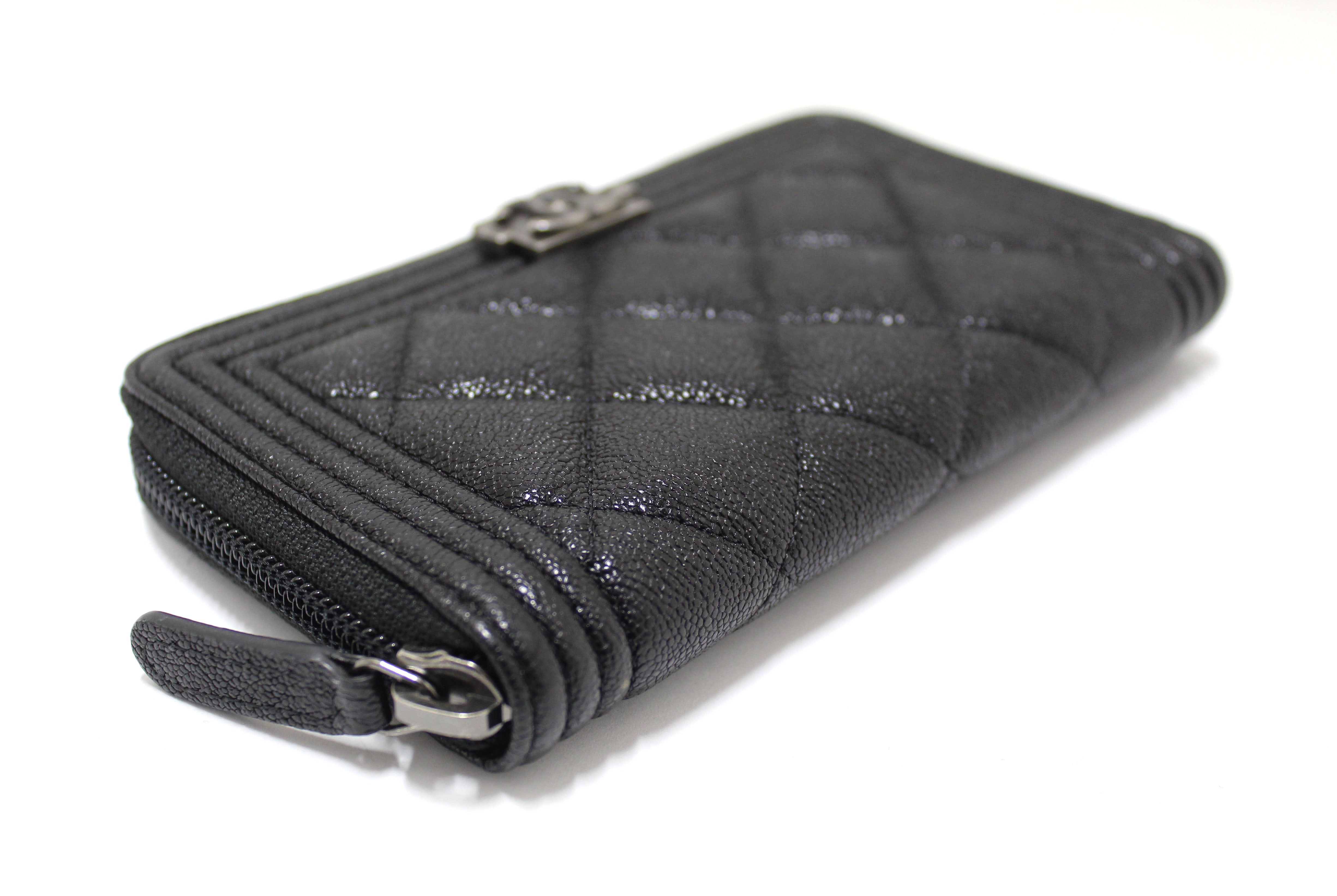 Authentic NEW Chanel Black Quilted Caviar Leather Boy Small Zip Around Wallet