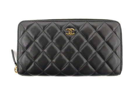 Authentic Chanel Black Quilted Lambskin Leather Large Gusset Zip Around Wallet