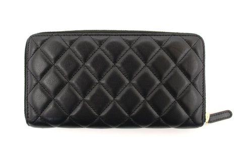 Authentic Chanel Black Quilted Lambskin Leather Large Gusset Zip Around Wallet