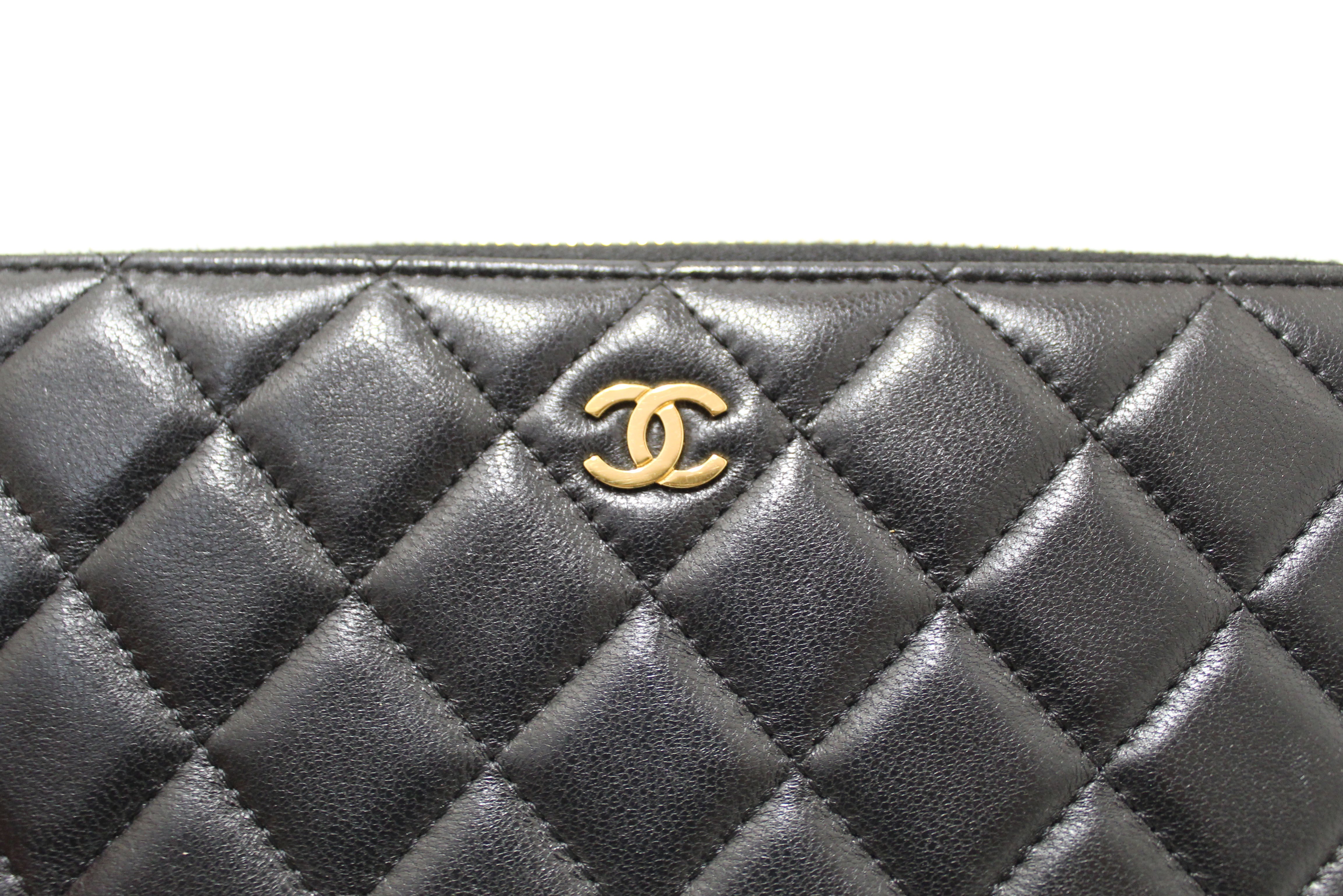 Authentic Chanel Black Quilted Lambskin Leather Large Gusset Zip Around Wallet