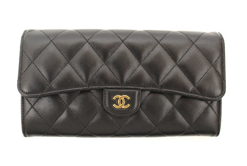 Authentic Chanel Black Quilted Lambskin Leather Classic Flap Long Wallet