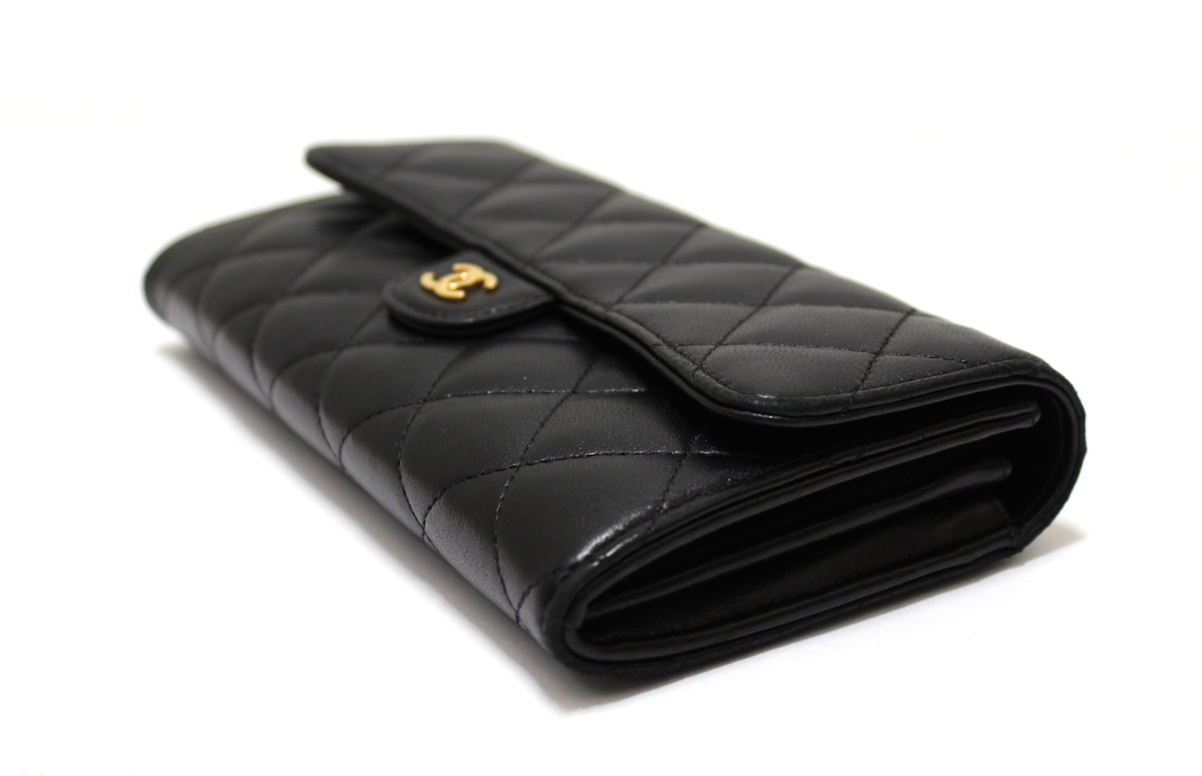 Authentic Chanel Black Quilted Lambskin Leather Classic Flap Long Wallet