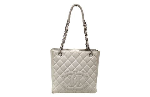 Authentic Chanel White Caviar Leather Petite Shopping Tote