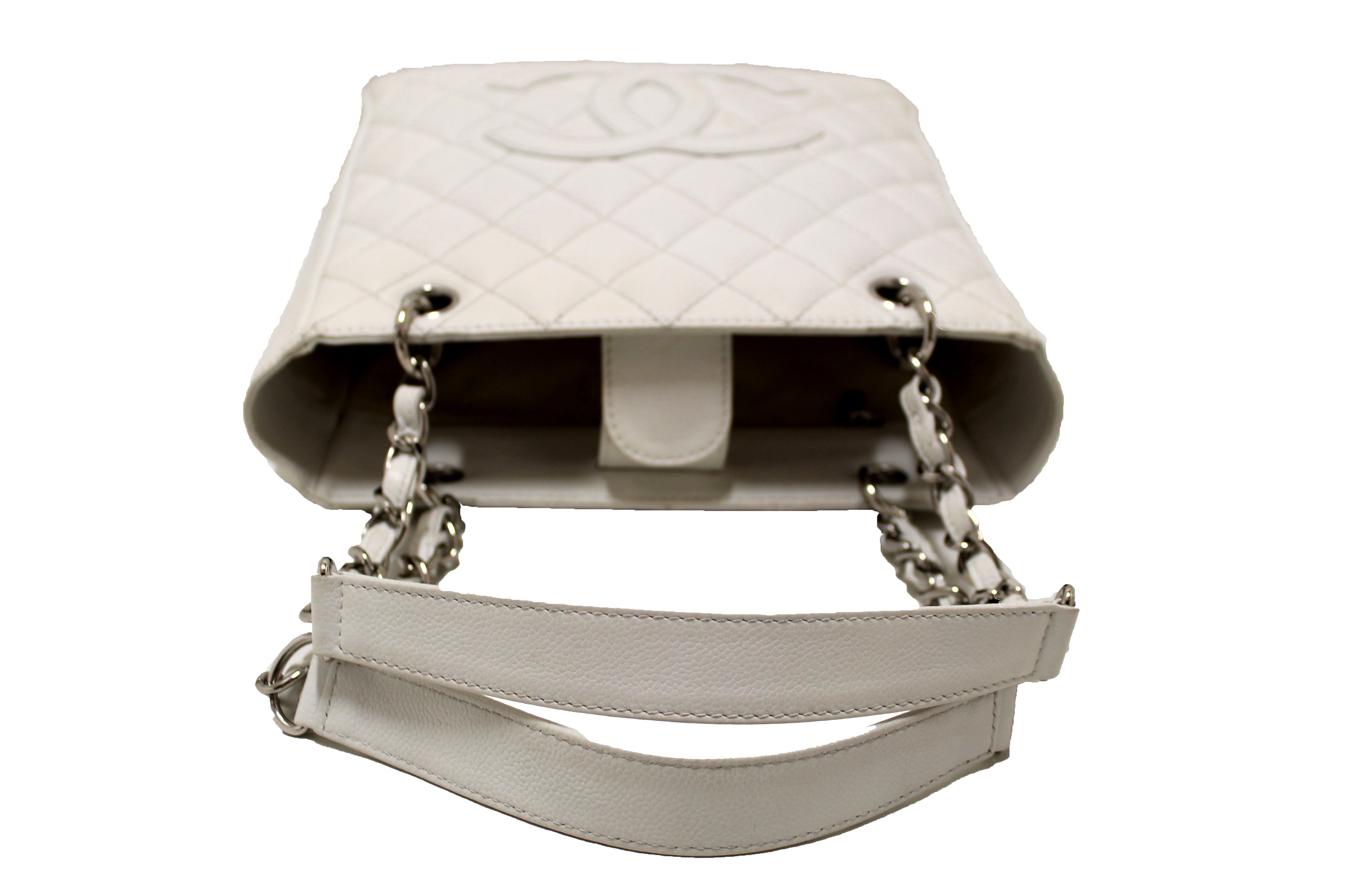 Authentic Chanel White Caviar Leather Petite Shopping Tote