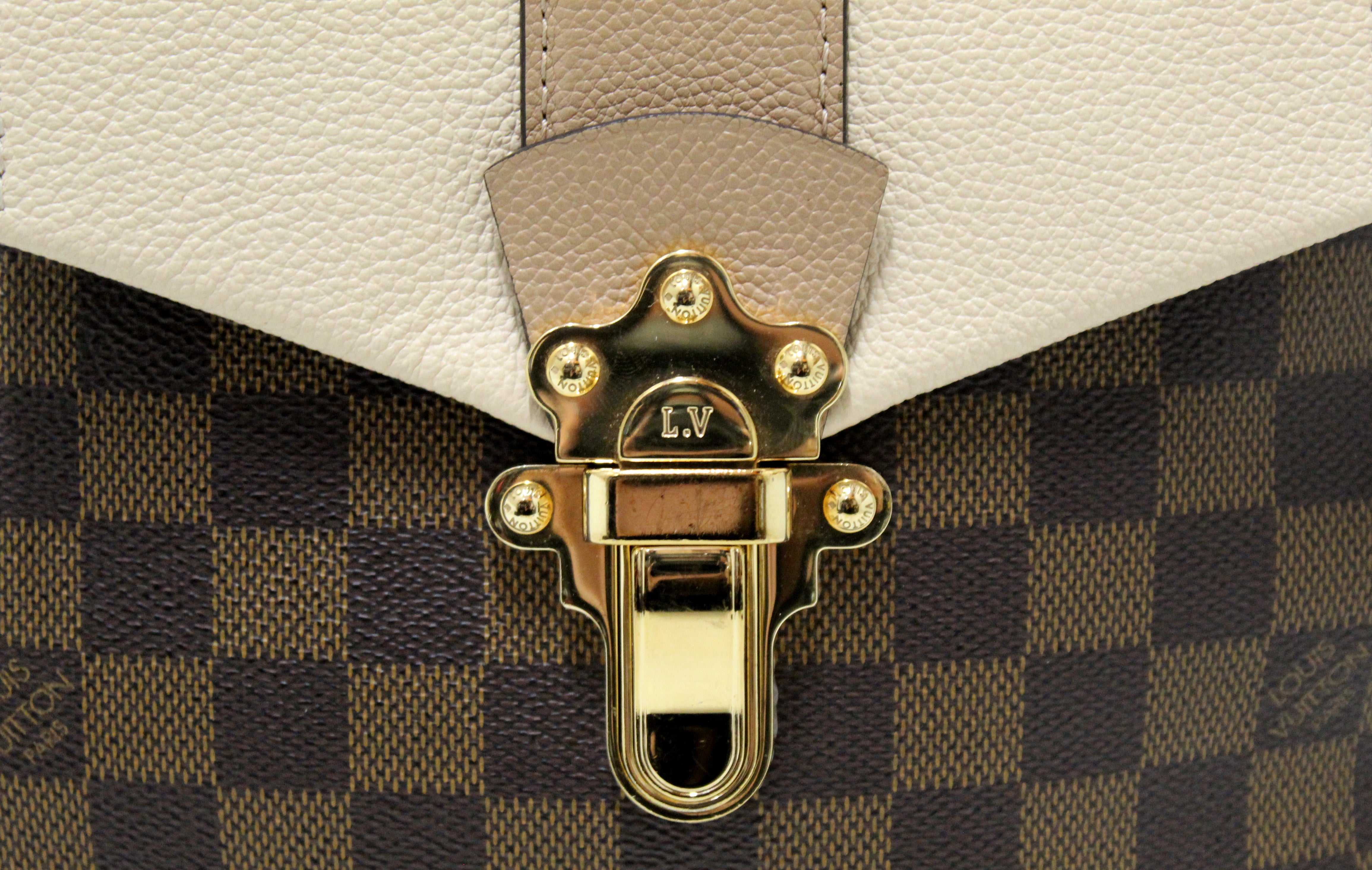 Authentic Louis Vuitton Damier Ebene Canvas/ Cream Leather Clapton Backpack