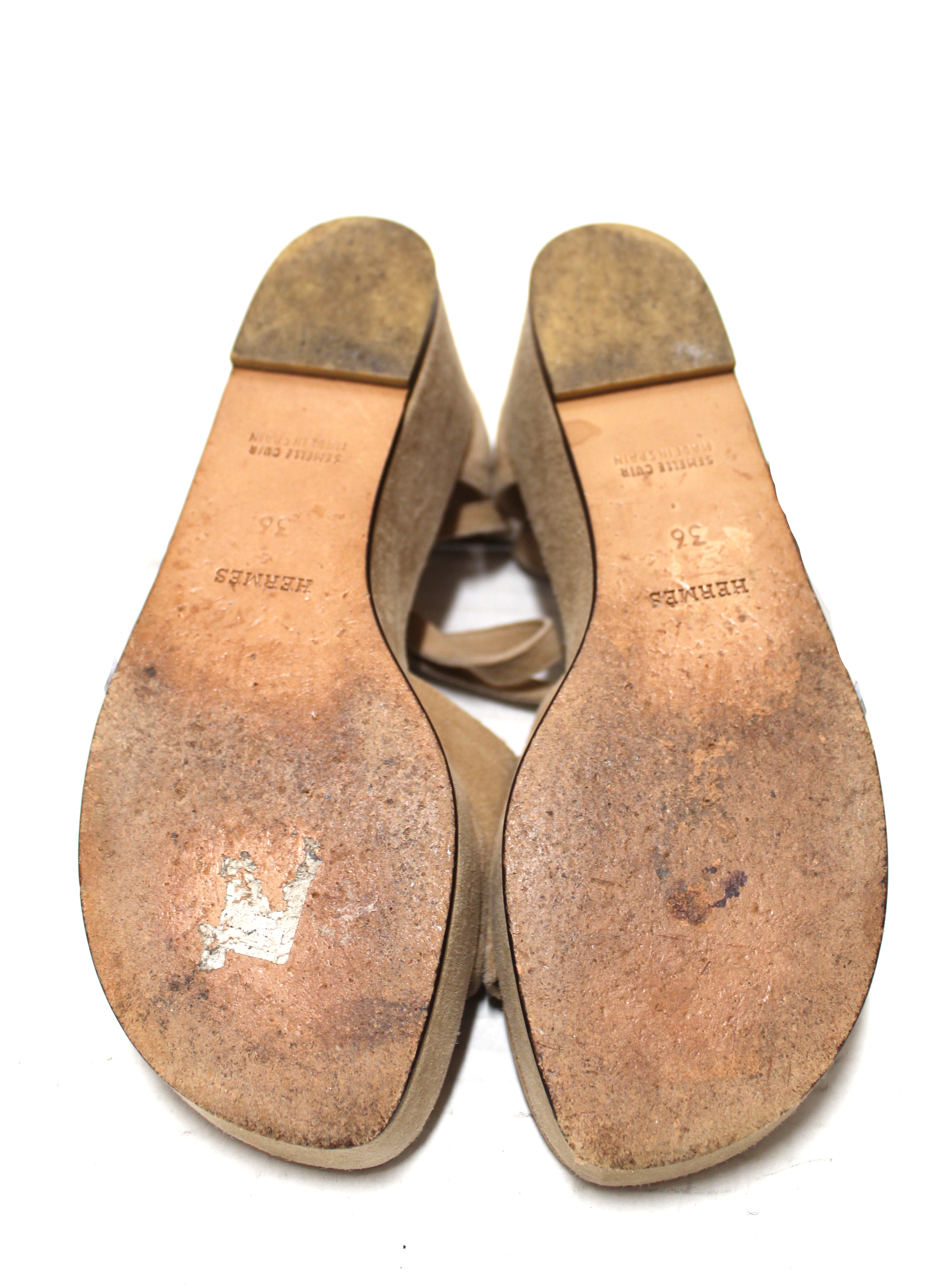 Authentic Hermes Beige Suede Leather Platform Sandals Size 36