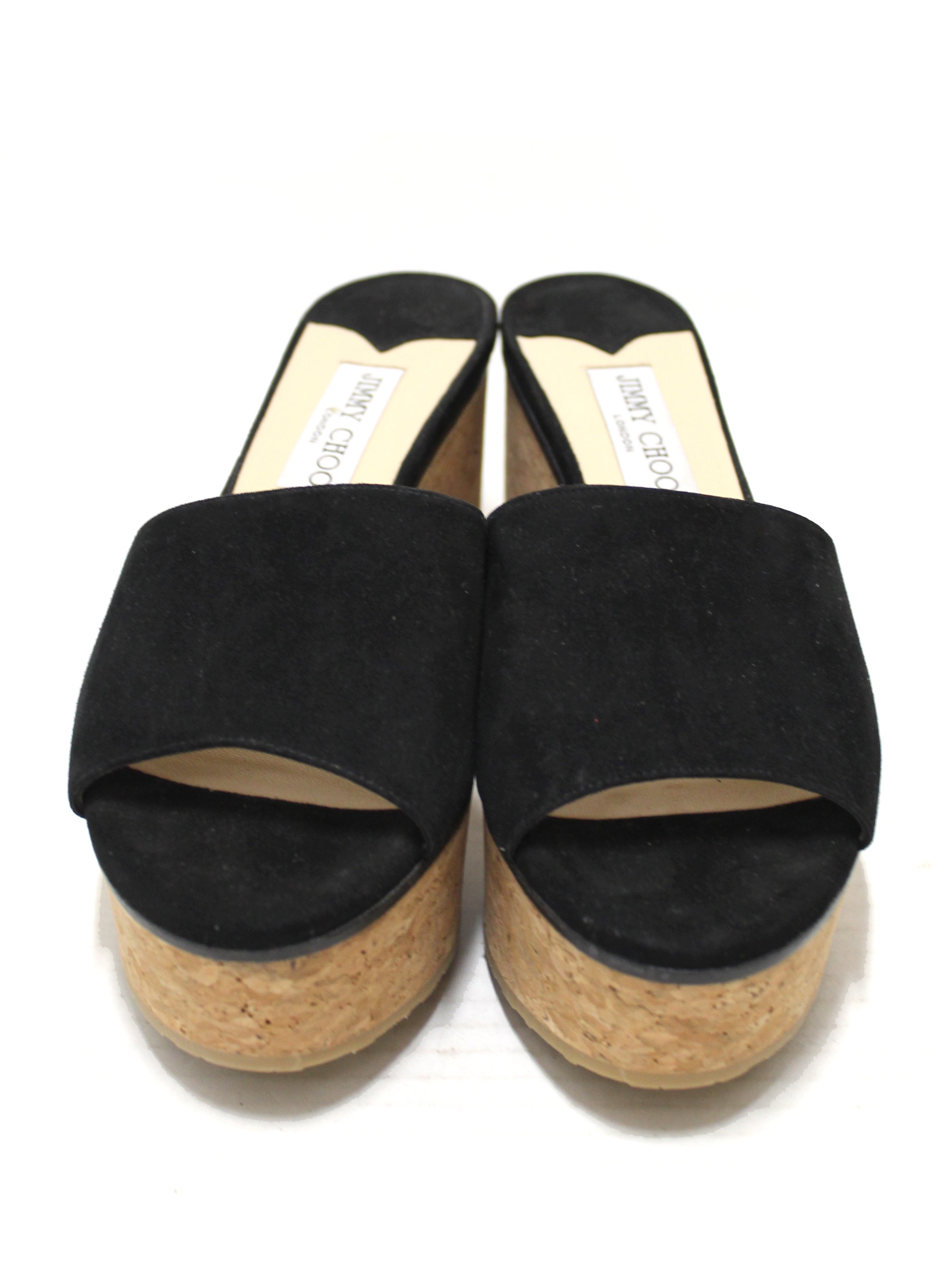 Authentic Jimmy Choo Black Suede Leather Cork Wedge Platform Heel Shoes size 39